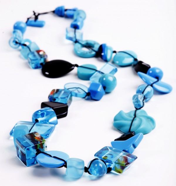 Jackie Brazil "Indiana" Blue Mix Multi-Bead Long Resin 110cm Necklace ( N0038 )
