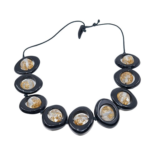 Jackie Brazil "Saturn" Black & Gold Flakes Disc & Ball On String Short 50cm Necklace ( N0051 )