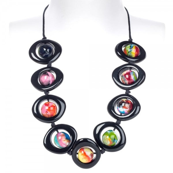 Jackie Brazil "Saturn" Black & Kandinsky Disc & Ball On String Short 50cm Necklace ( N0051 )