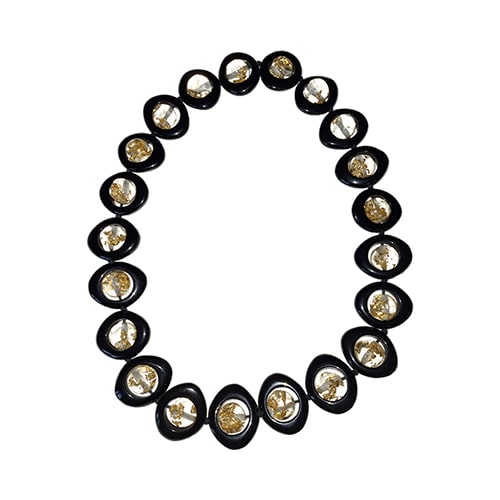 Jackie Brazil "Saturn" Black & Gold Flakes Disc & Ball Long 75cm Necklace ( N0052 )