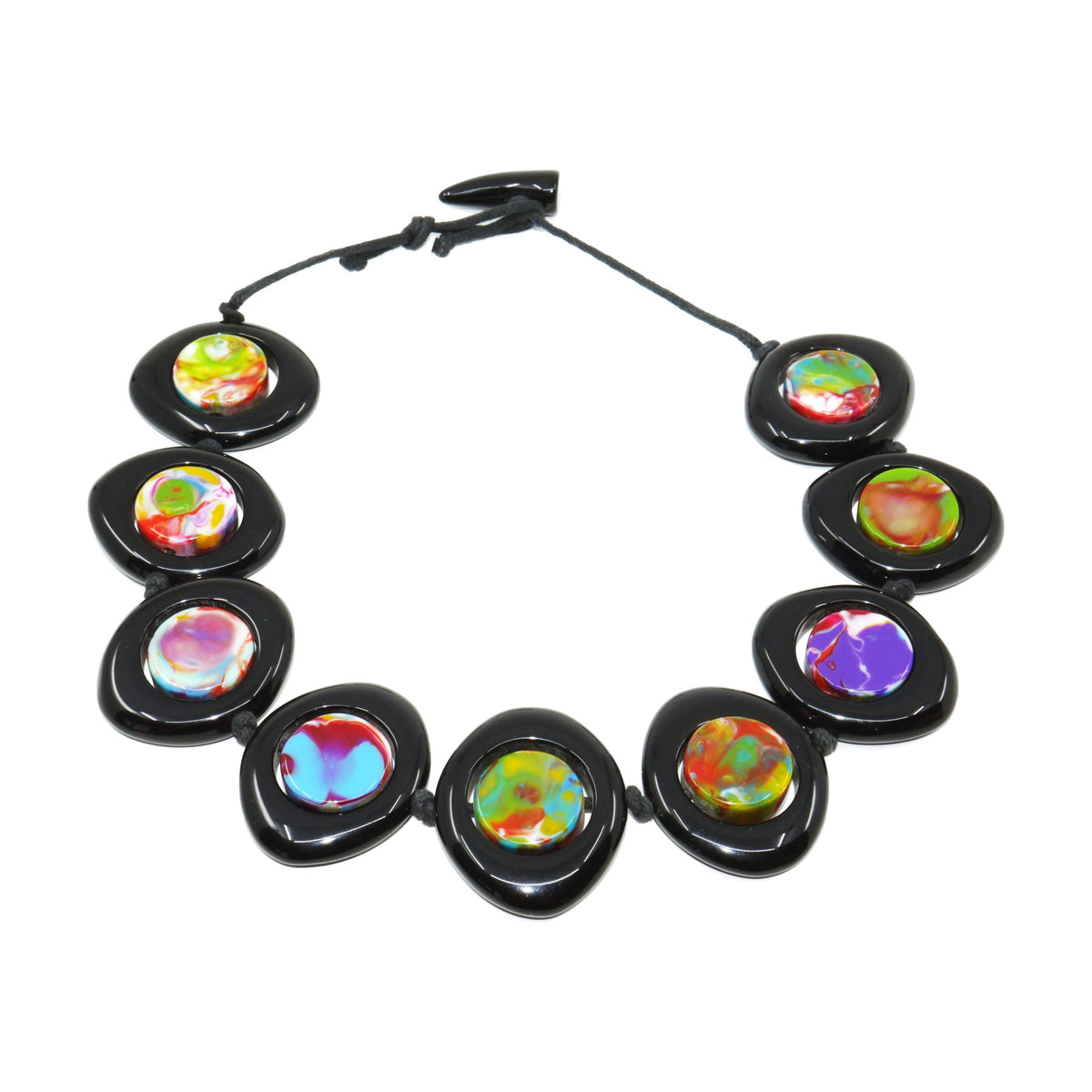 Jackie Brazil "Saturn" Black & Kandinsky Disk and Cylinder On String Short 50cm Necklace ( N0060 )