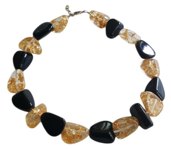 Jackie Brazil "Diamonds" Black Gloss & Gold Flakes Flintstone Bone 55cm Necklace ( N0061 )