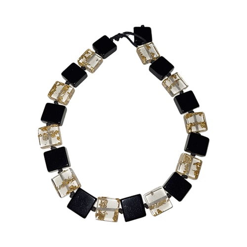 Jackie Brazil "Gala" Black & Gold Flakes Half Rectangles 65cm Necklace ( N0789 )