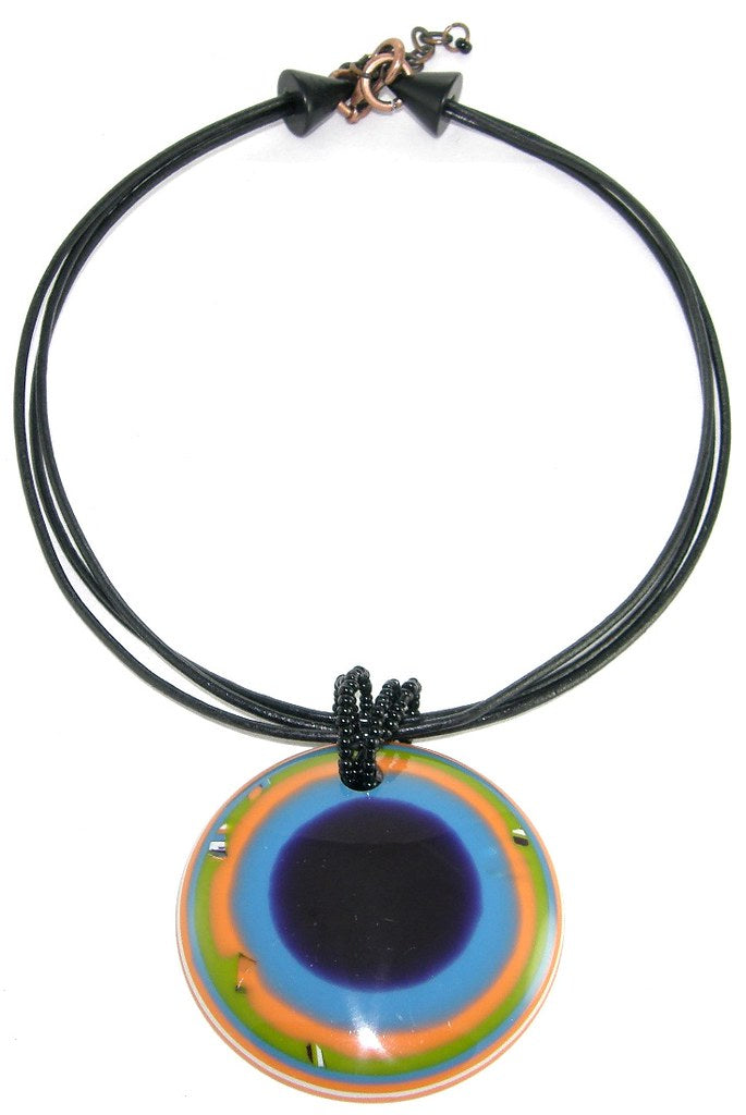 Jackie Brazil "Cat Eye" Liquorice Disk On 3 Cords Mix Colours Choker Necklace ( N1335 )