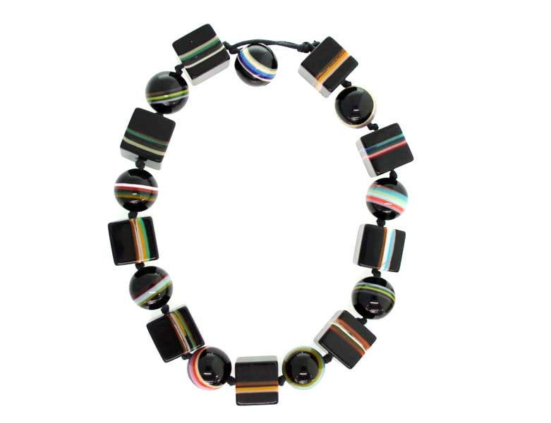 Jackie Brazil "Bar Code" Black & Mix Liquorice Squares & Balls 75cm Resin Necklace ( N2322 )
