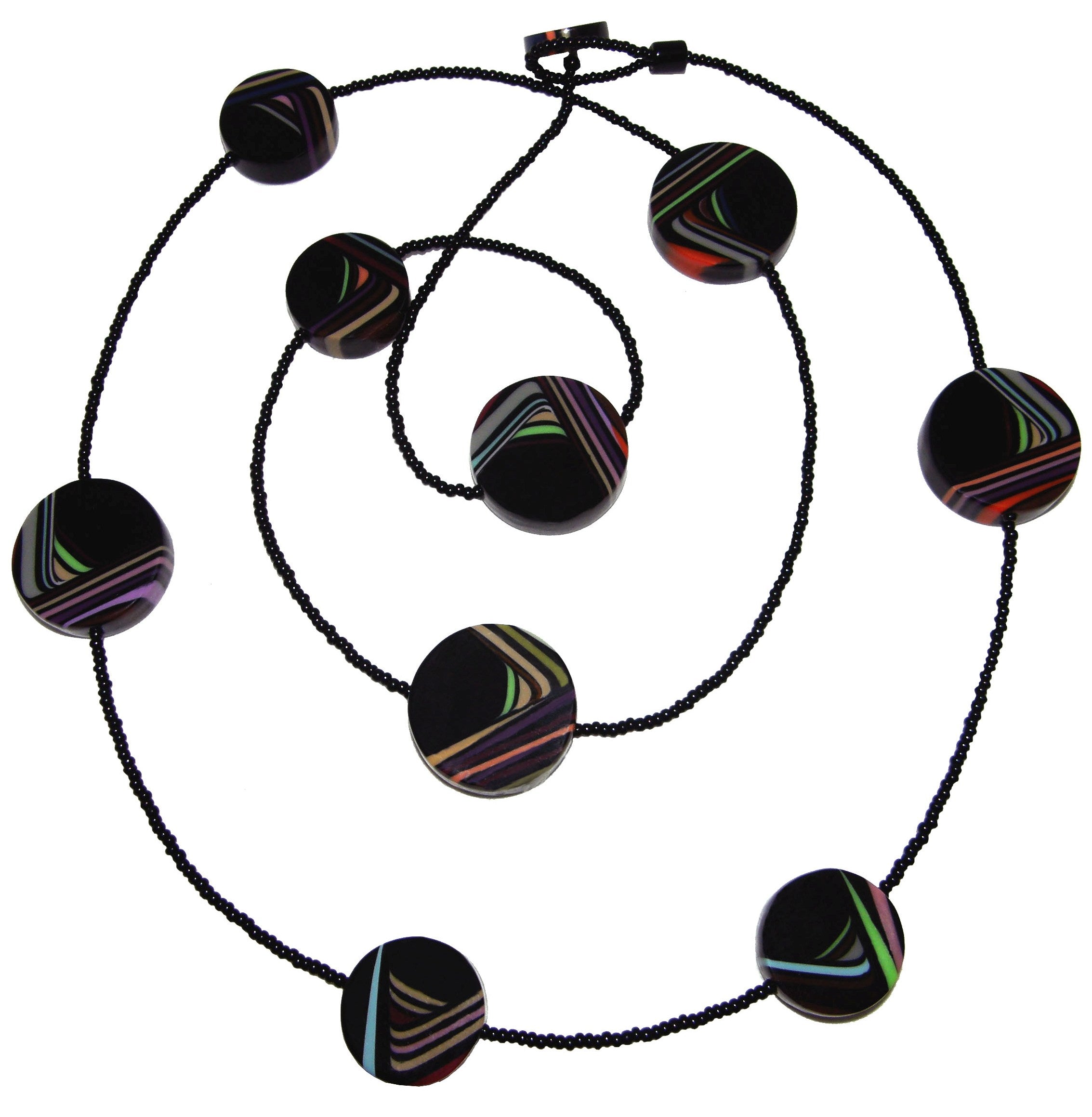 Jackie Brazil "Aida" Black Swirls Discs With Beads Long Resin Necklace ( N3150 )