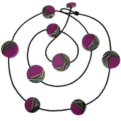 Jackie Brazil "Aida" Purple Swirls Discs With Beads Long Resin Necklace ( N3150 )