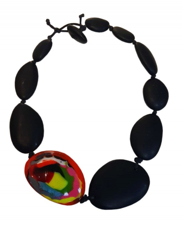 Jackie Brazil "Black Matt & Kandinsky Stone" Short Flat Riverstones 50cm Necklace ( N3616 )