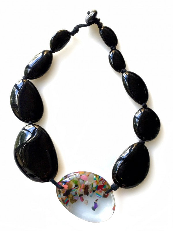 Jackie Brazil "Matt Black & Cascade" Long Flat Riverstones 65cm Necklace ( N3700 )