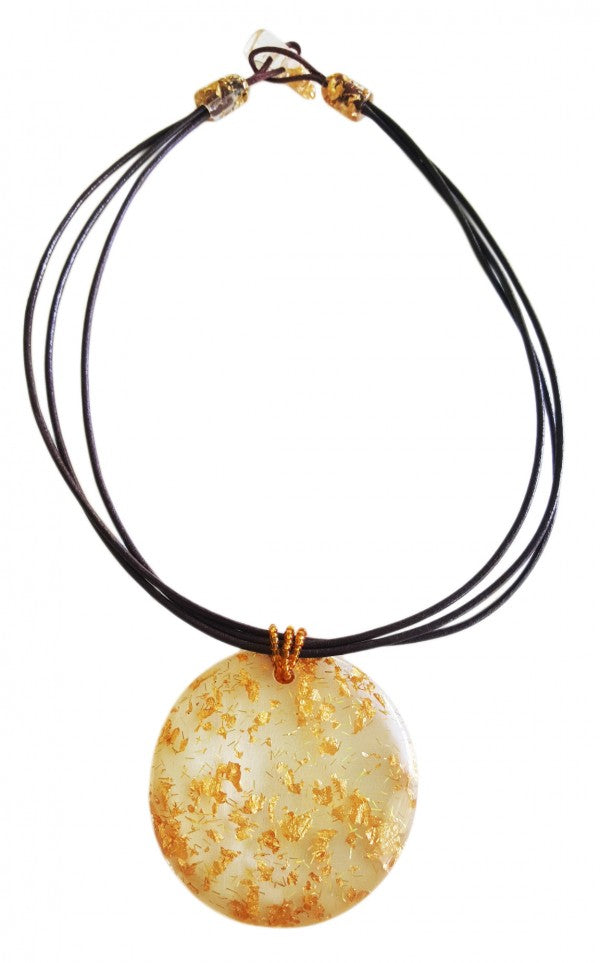 Jackie Brazil "Gold Flakes" Large Disk On Three Cords Resin Necklace ( N3800 )