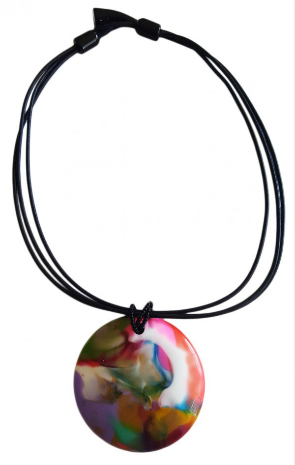 Jackie Brazil "Kandinsky" Large Disk On Three Cords Resin Necklace ( N3800 )