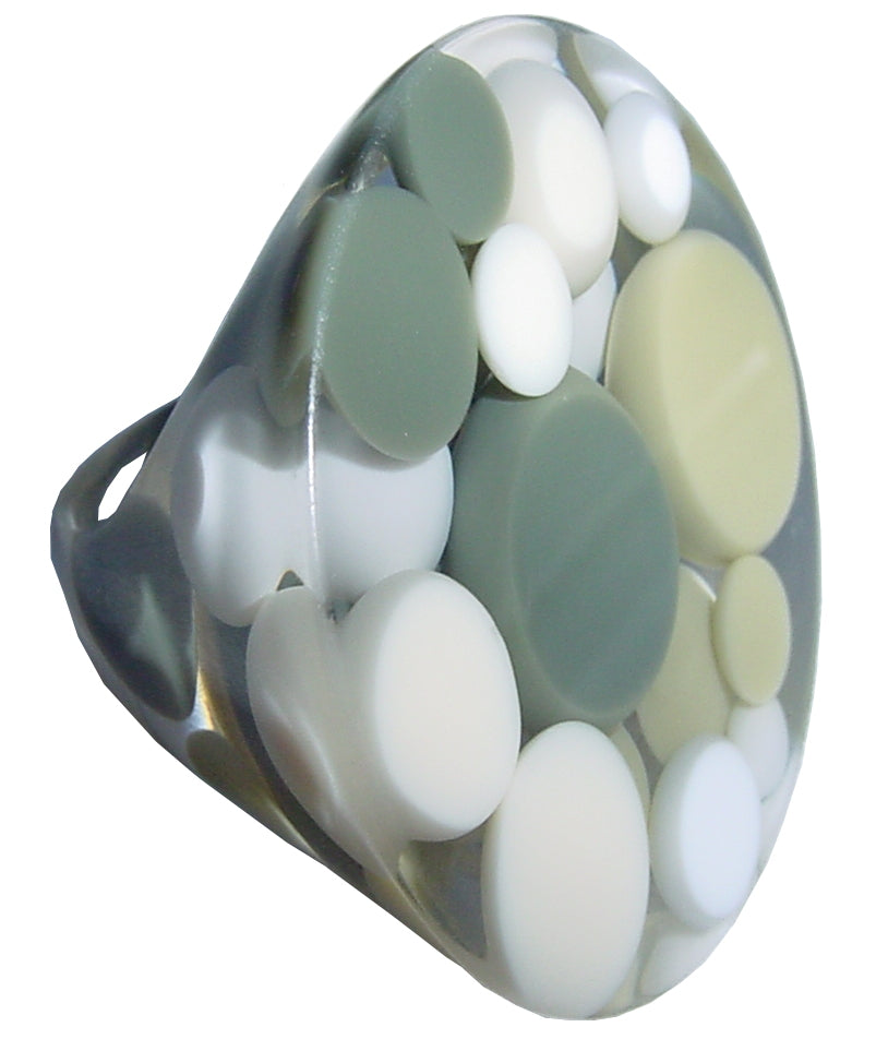 Jackie Brazil "Acrobatic" Flat Round Petite Cream Mix Balls Spots Resin Ring ( R2536 ) Size UK O / US 7.5