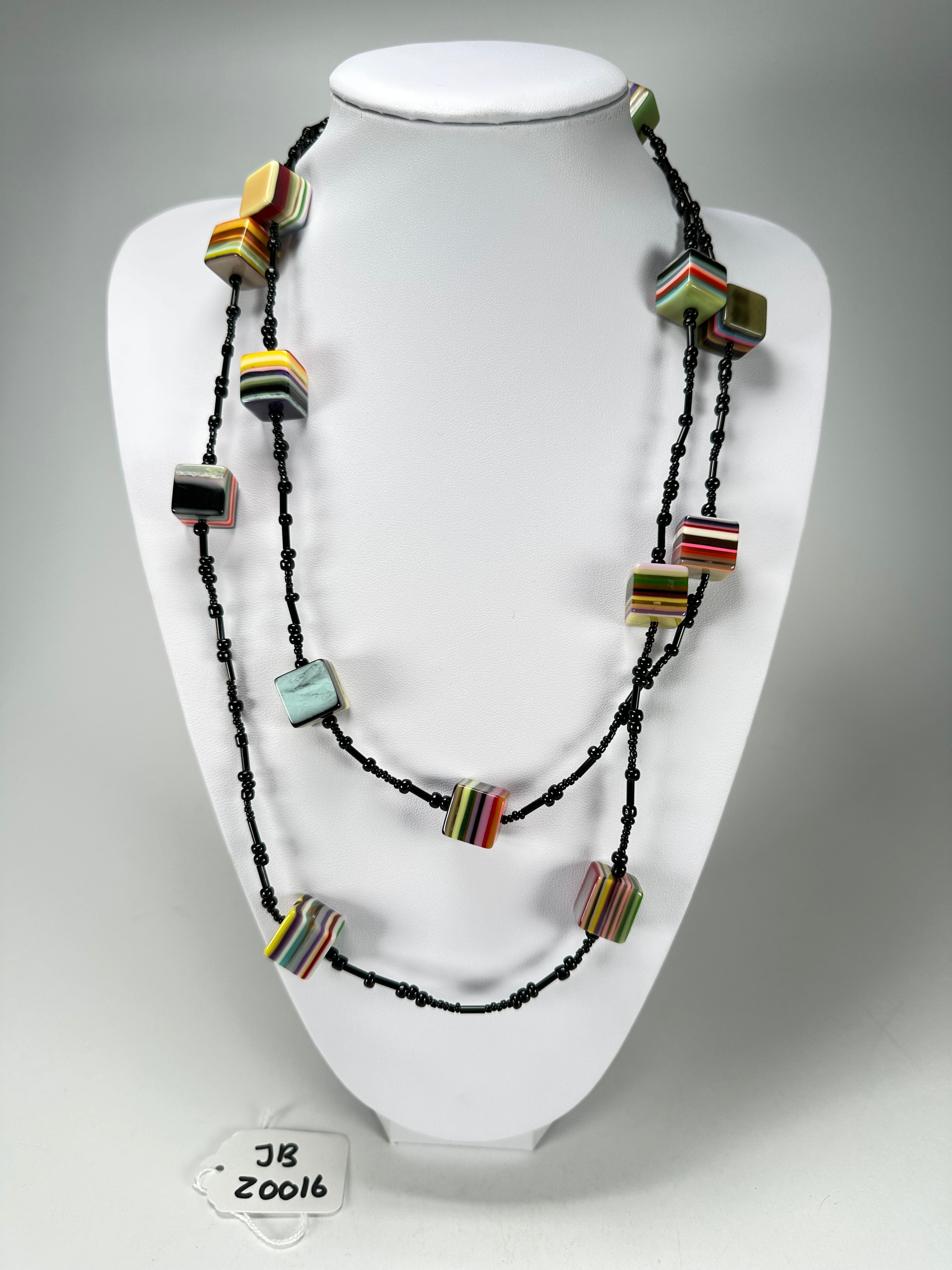 Jackie Brazil "POP" Liquorice Allsorts Art Small Cubes with Long Black Beads 110cm Necklace ( N0332-B )