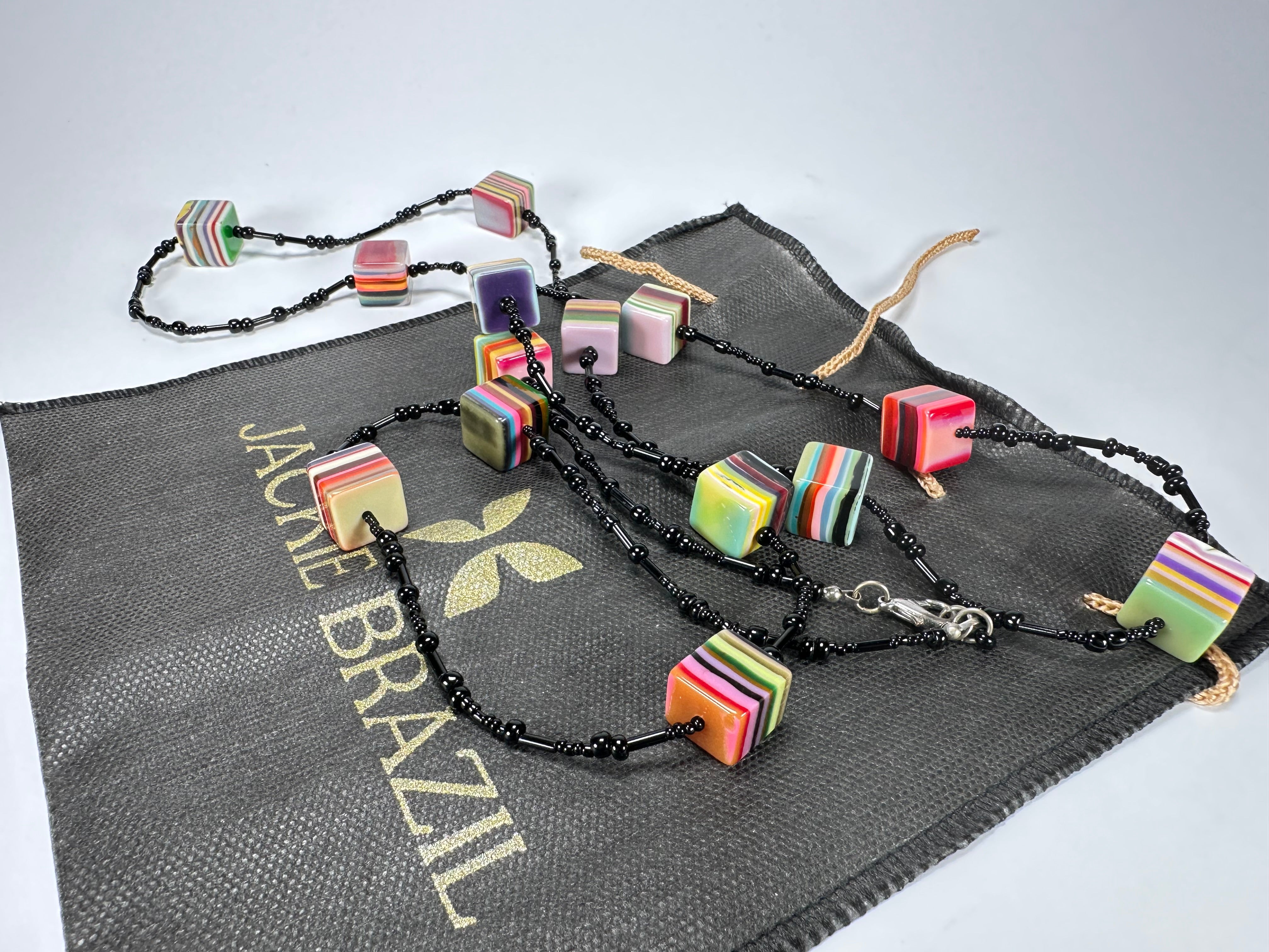 Jackie Brazil "POP" Liquorice Allsorts Art Small Cubes with Long Black Beads 110cm Necklace ( N0332-B )
