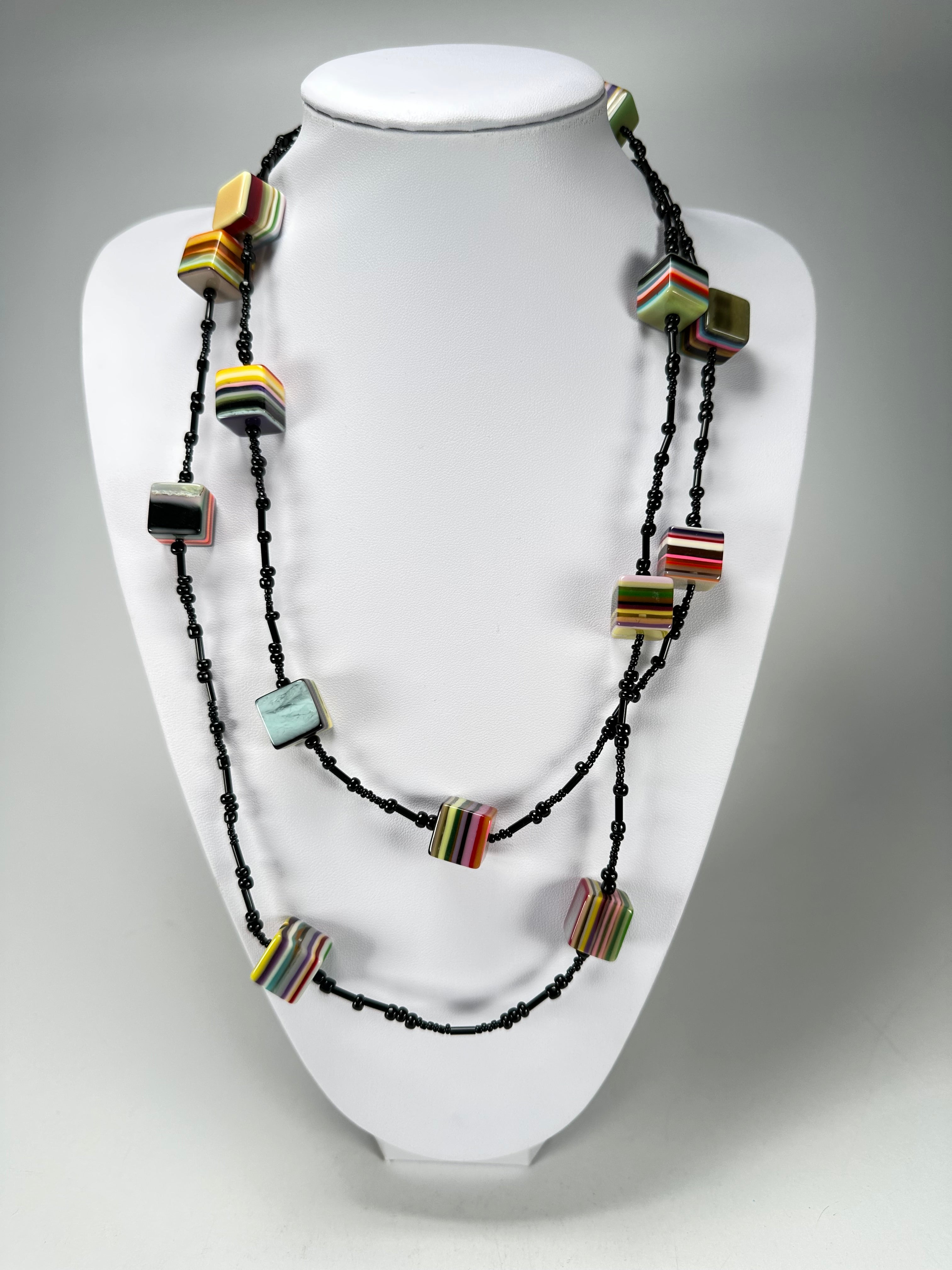 Jackie Brazil "POP" Liquorice Allsorts Art Small Cubes with Long Black Beads 110cm Necklace ( N0332-B )