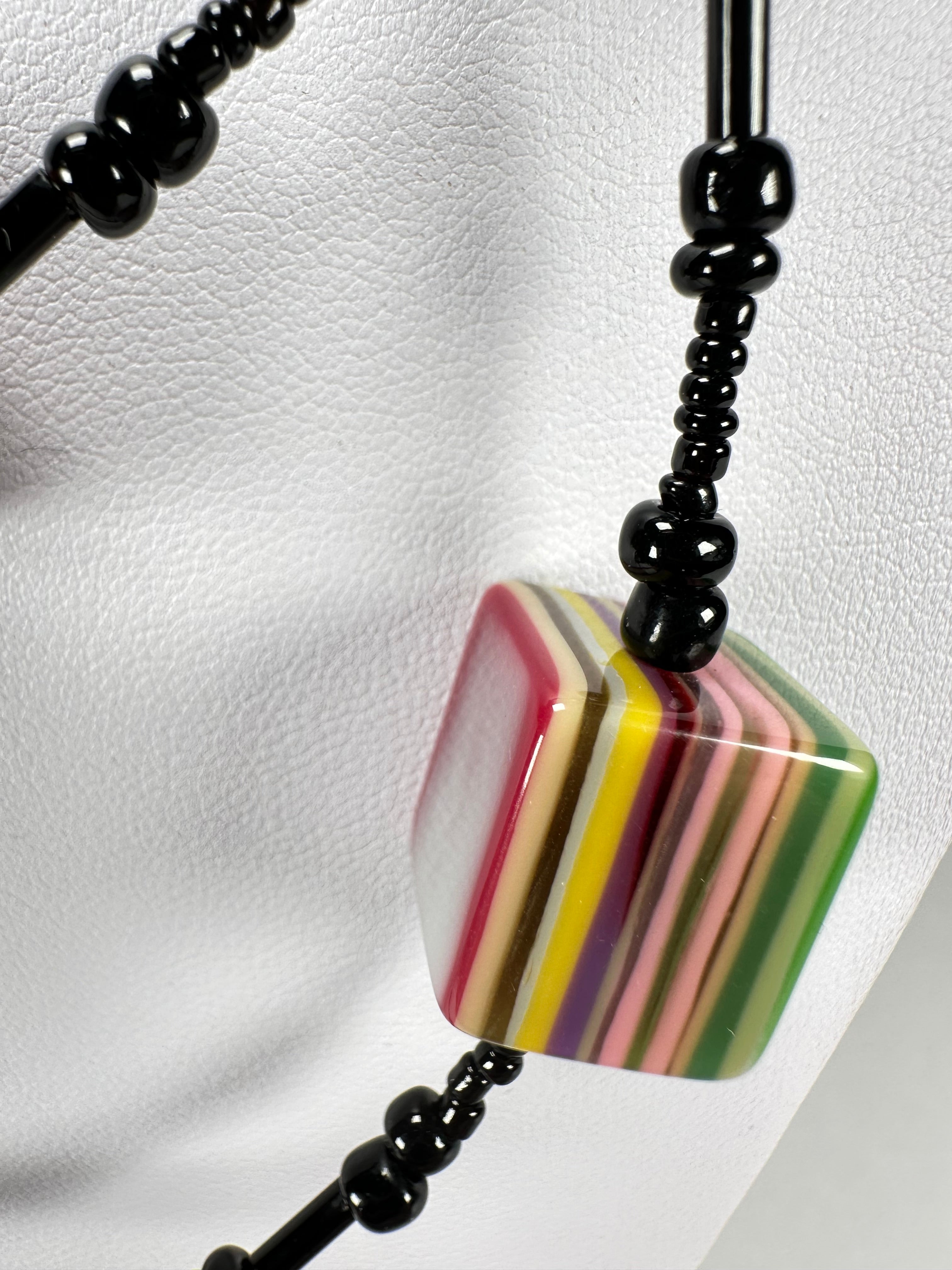 Jackie Brazil "POP" Liquorice Allsorts Art Small Cubes with Long Black Beads 110cm Necklace ( N0332-B )