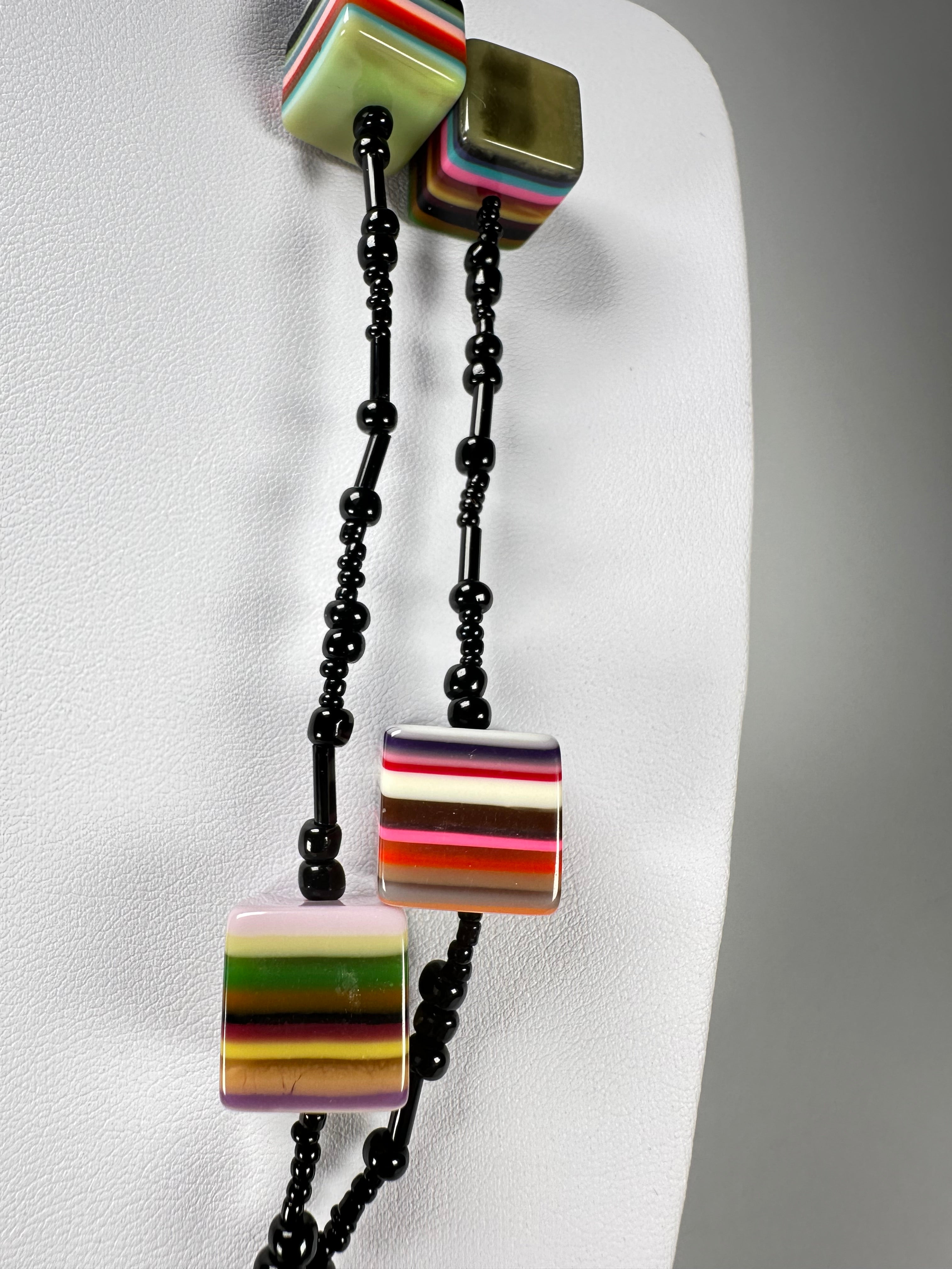 Jackie Brazil "POP" Liquorice Allsorts Art Small Cubes with Long Black Beads 110cm Necklace ( N0332-B )