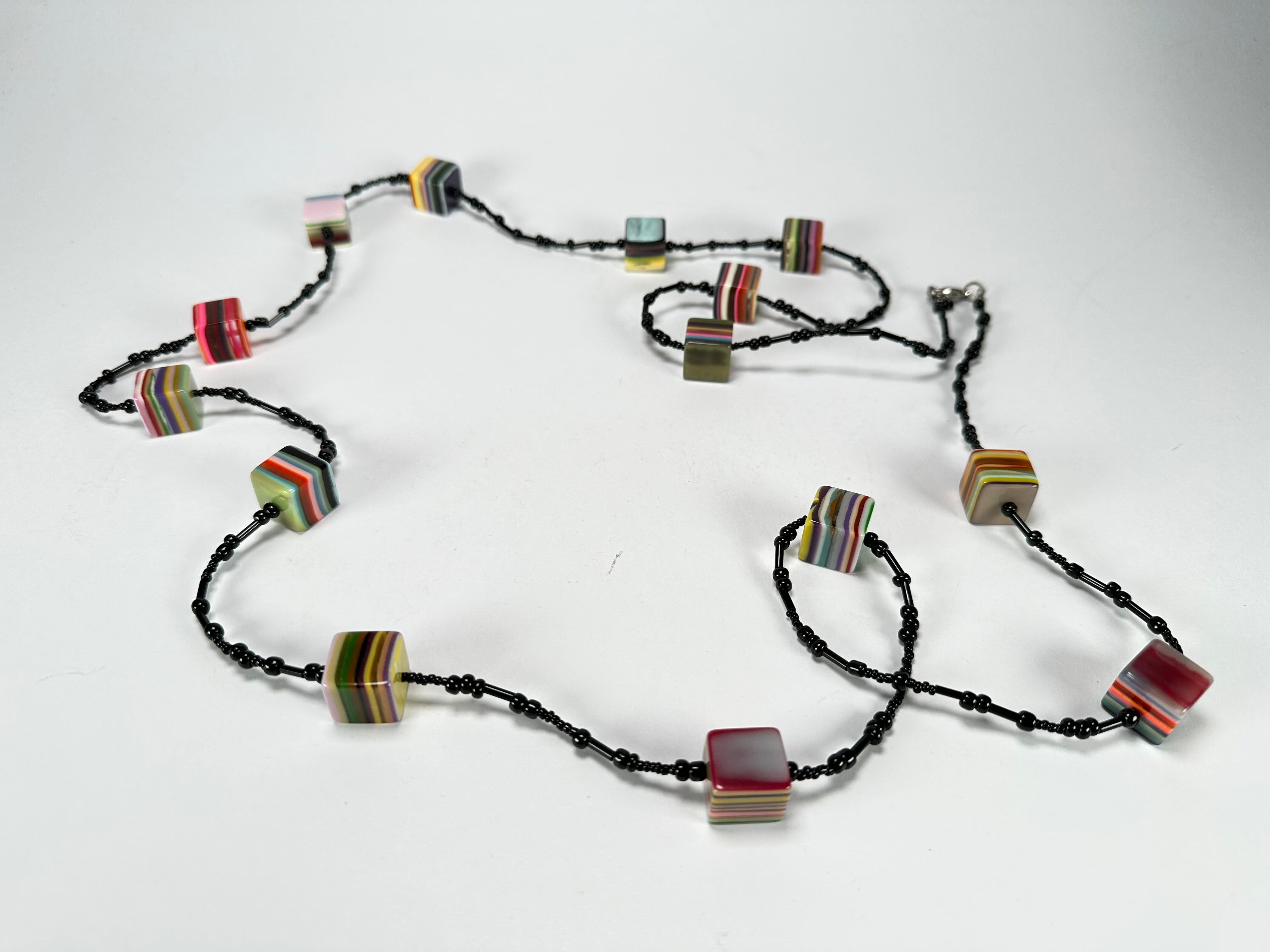 Jackie Brazil "POP" Liquorice Allsorts Art Small Cubes with Long Black Beads 110cm Necklace ( N0332-B )