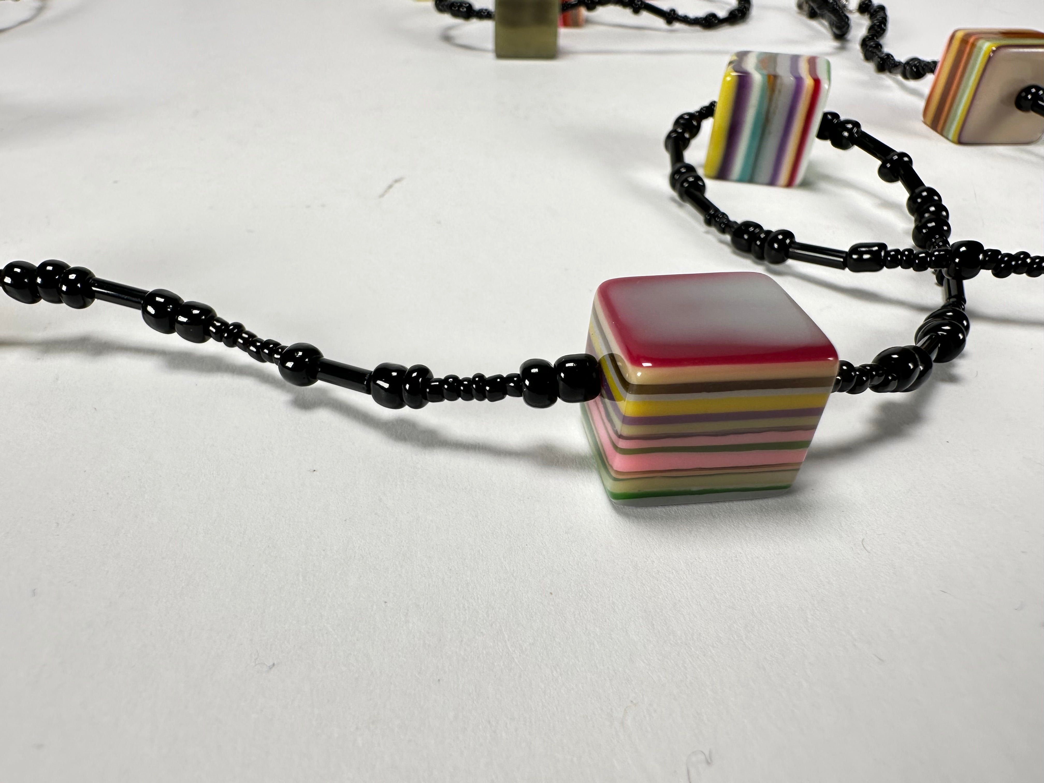 Jackie Brazil "POP" Liquorice Allsorts Art Small Cubes with Long Black Beads 110cm Necklace ( N0332-B )