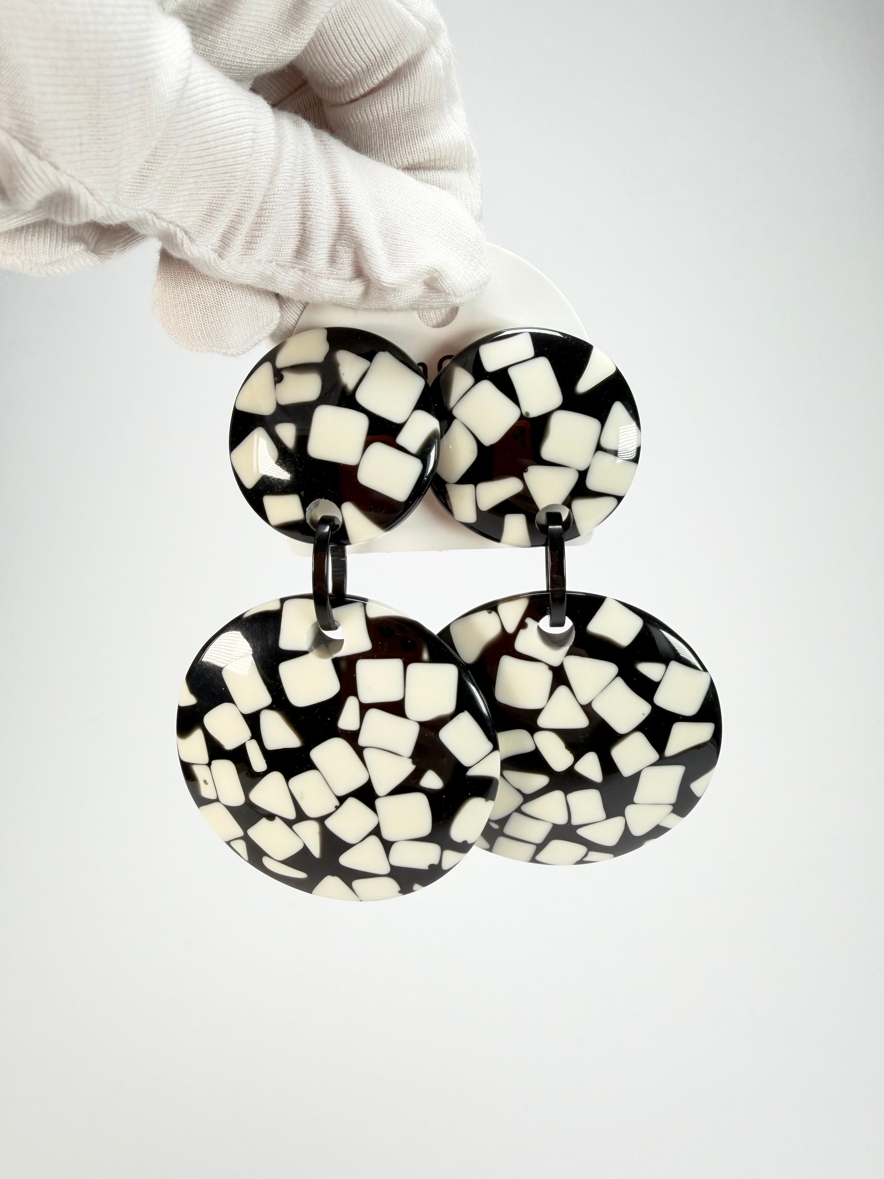 Marion Godart - Confetti "Pendentif Double" Black & White Mix Double Pendant Resin Clip On Earrings