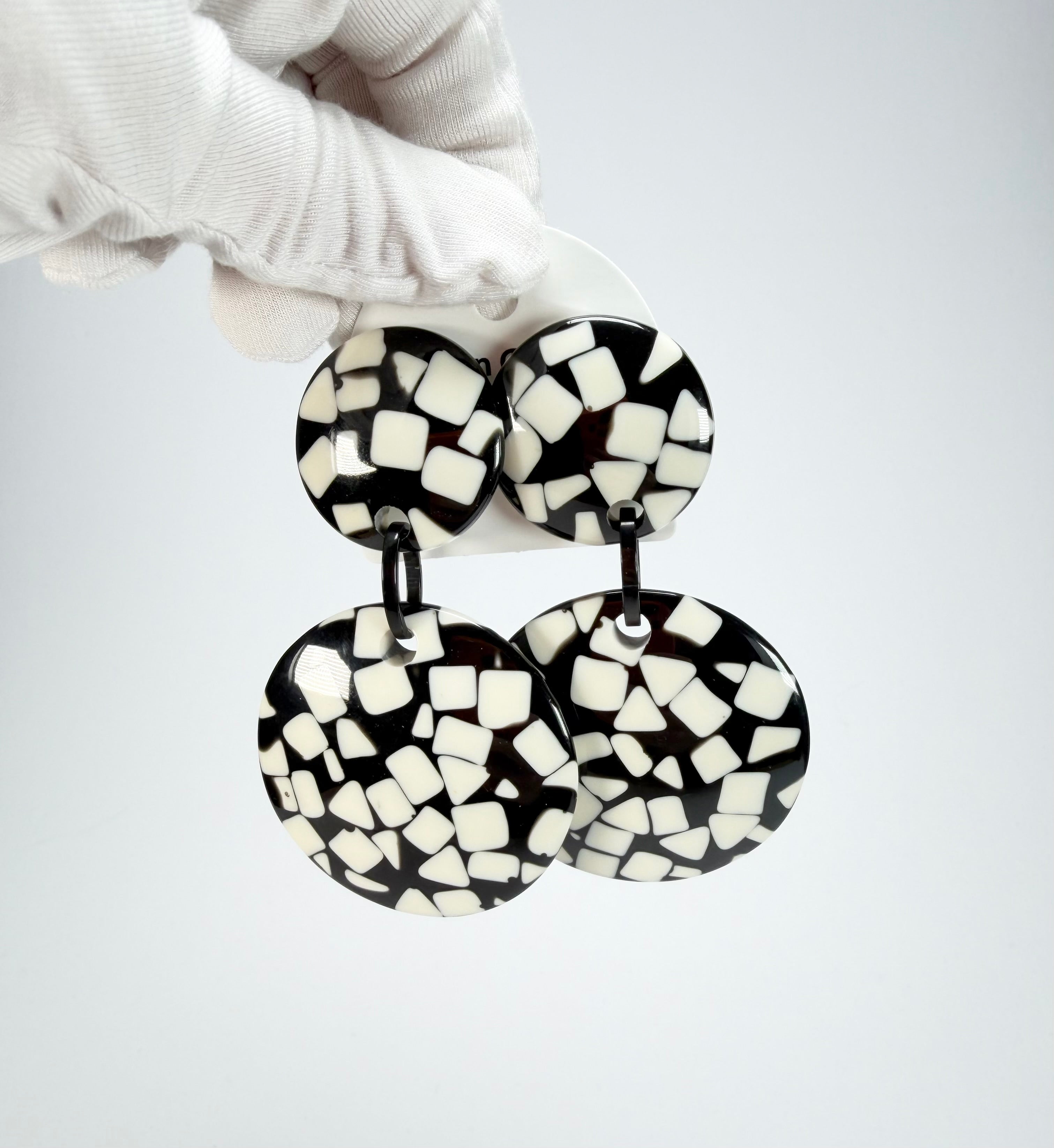 Marion Godart - Confetti "Pendentif Double" Black & White Mix Double Pendant Resin Clip On Earrings