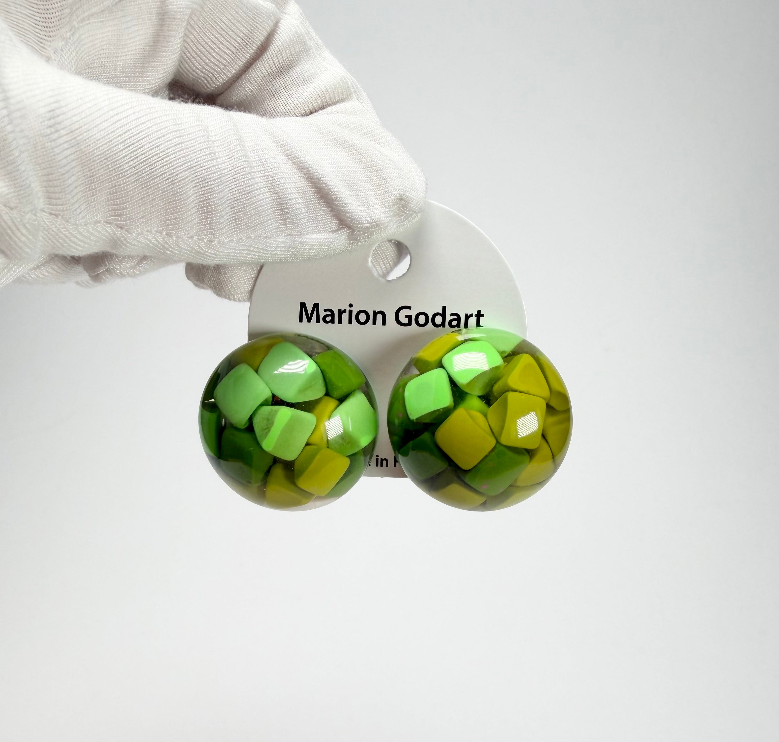 Marion Godart - Confetti "Bouclier" Green Mix Dome Resin Clip On Earrings