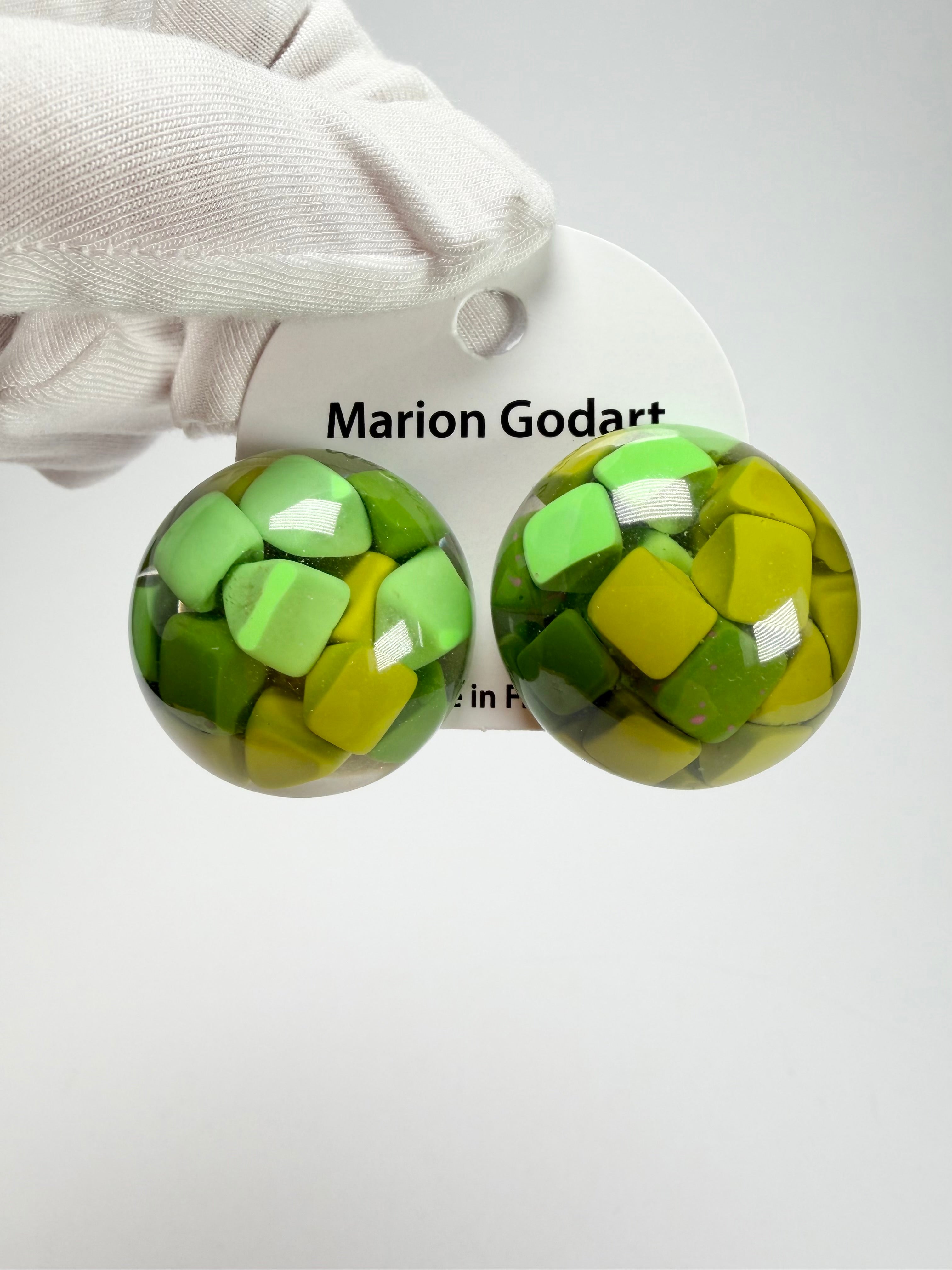 Marion Godart - Confetti "Bouclier" Green Mix Dome Resin Clip On Earrings