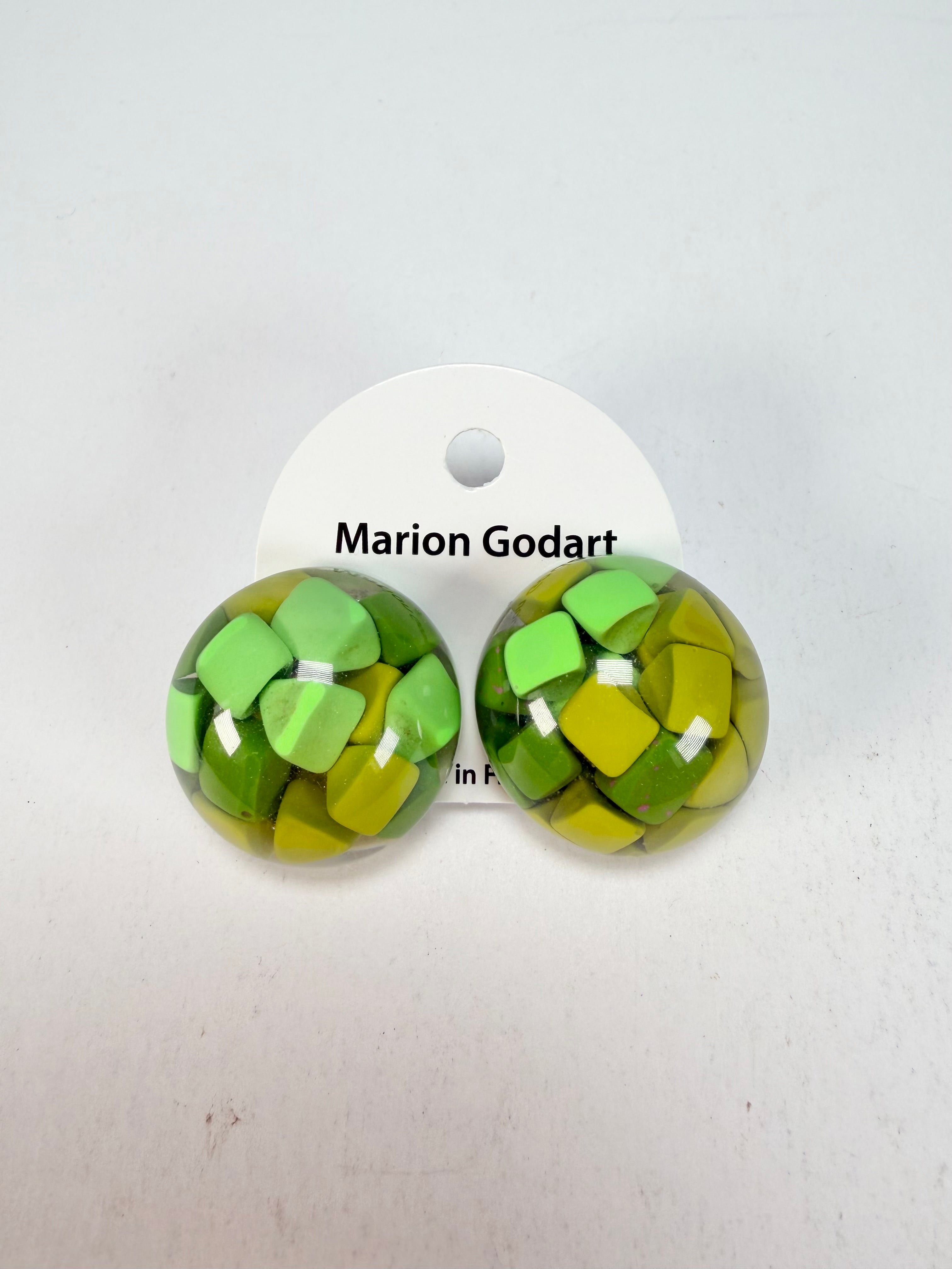 Marion Godart - Confetti "Bouclier" Green Mix Dome Resin Clip On Earrings