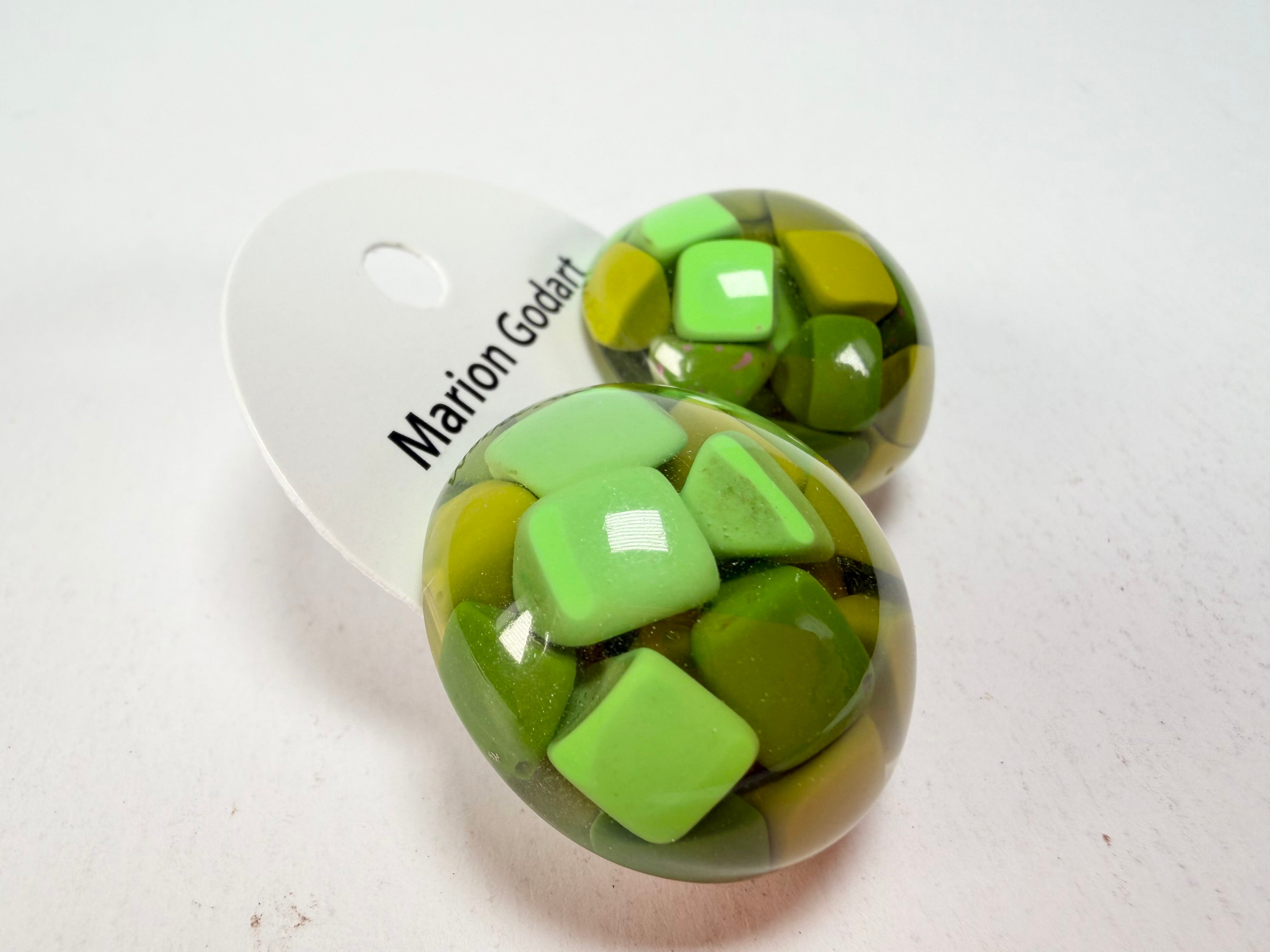 Marion Godart - Confetti "Bouclier" Green Mix Dome Resin Clip On Earrings