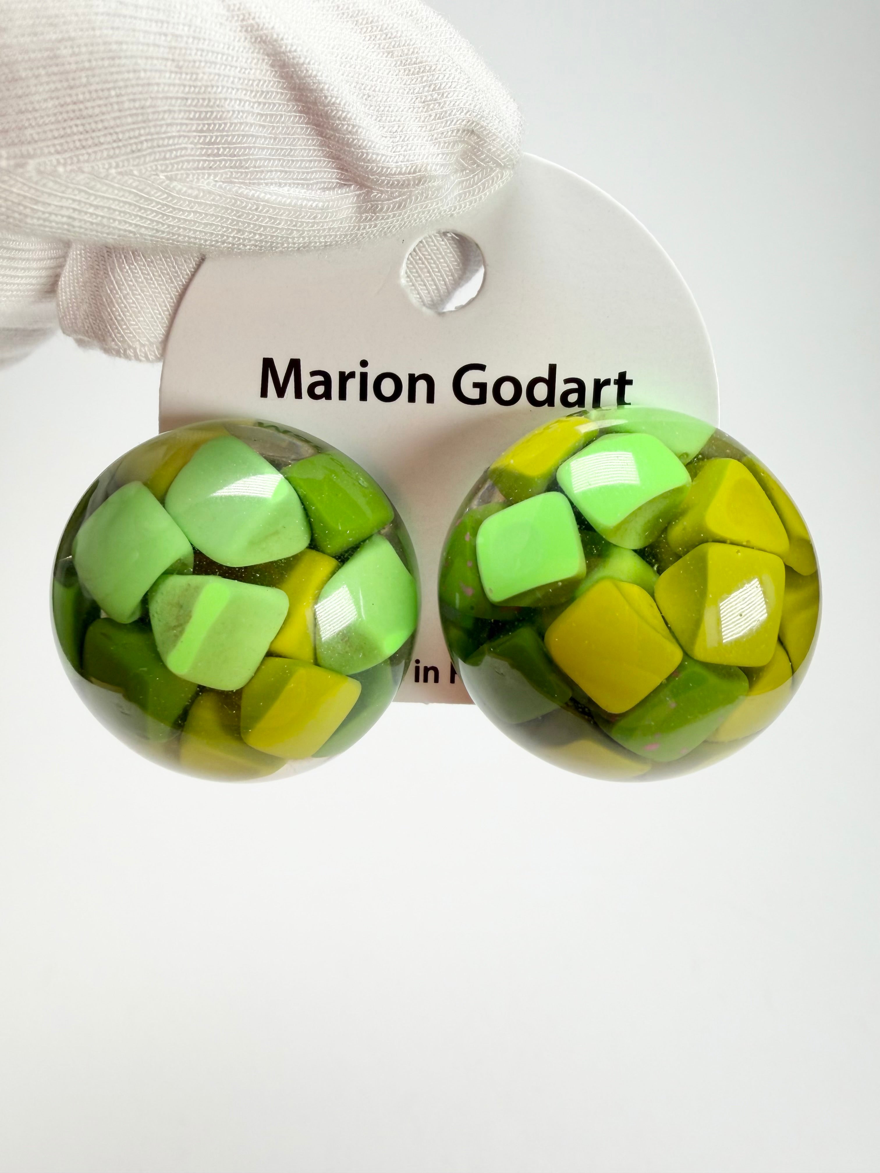 Marion Godart - Confetti "Bouclier" Green Mix Dome Resin Clip On Earrings