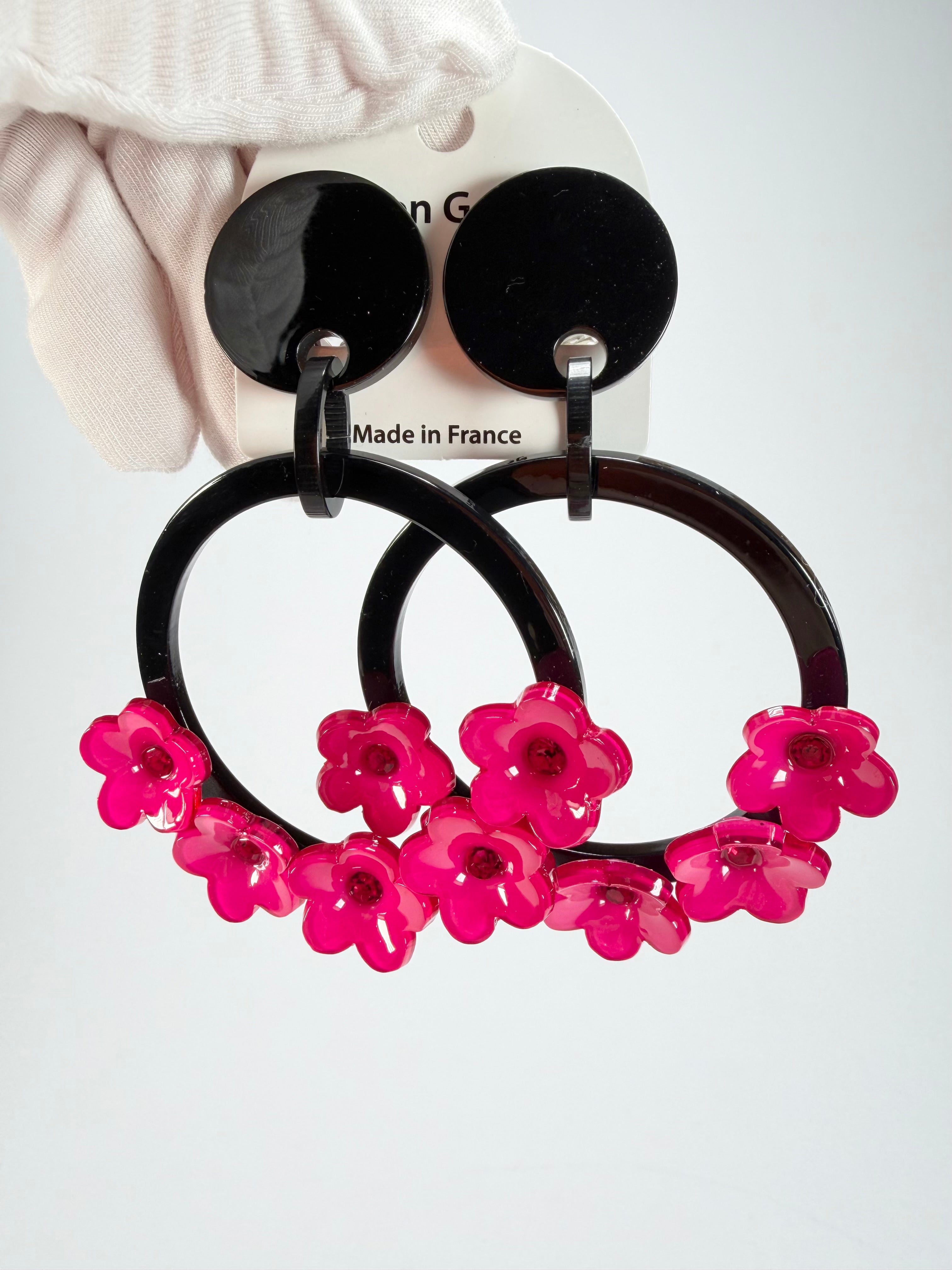 Marion Godart - Floral "Bouquet De Fleurs" Pink Floral Hoop Resin Clip On Earrings