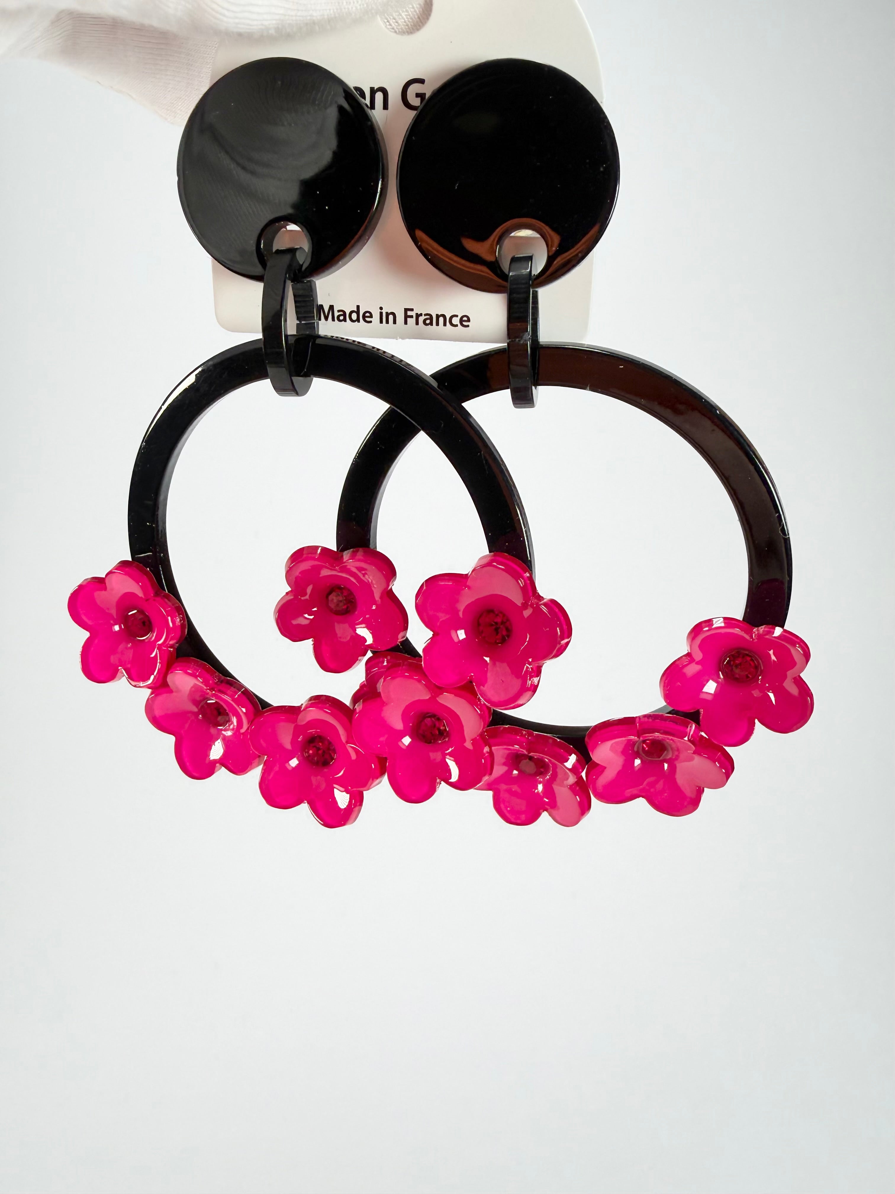 Marion Godart - Floral "Bouquet De Fleurs" Pink Floral Hoop Resin Clip On Earrings