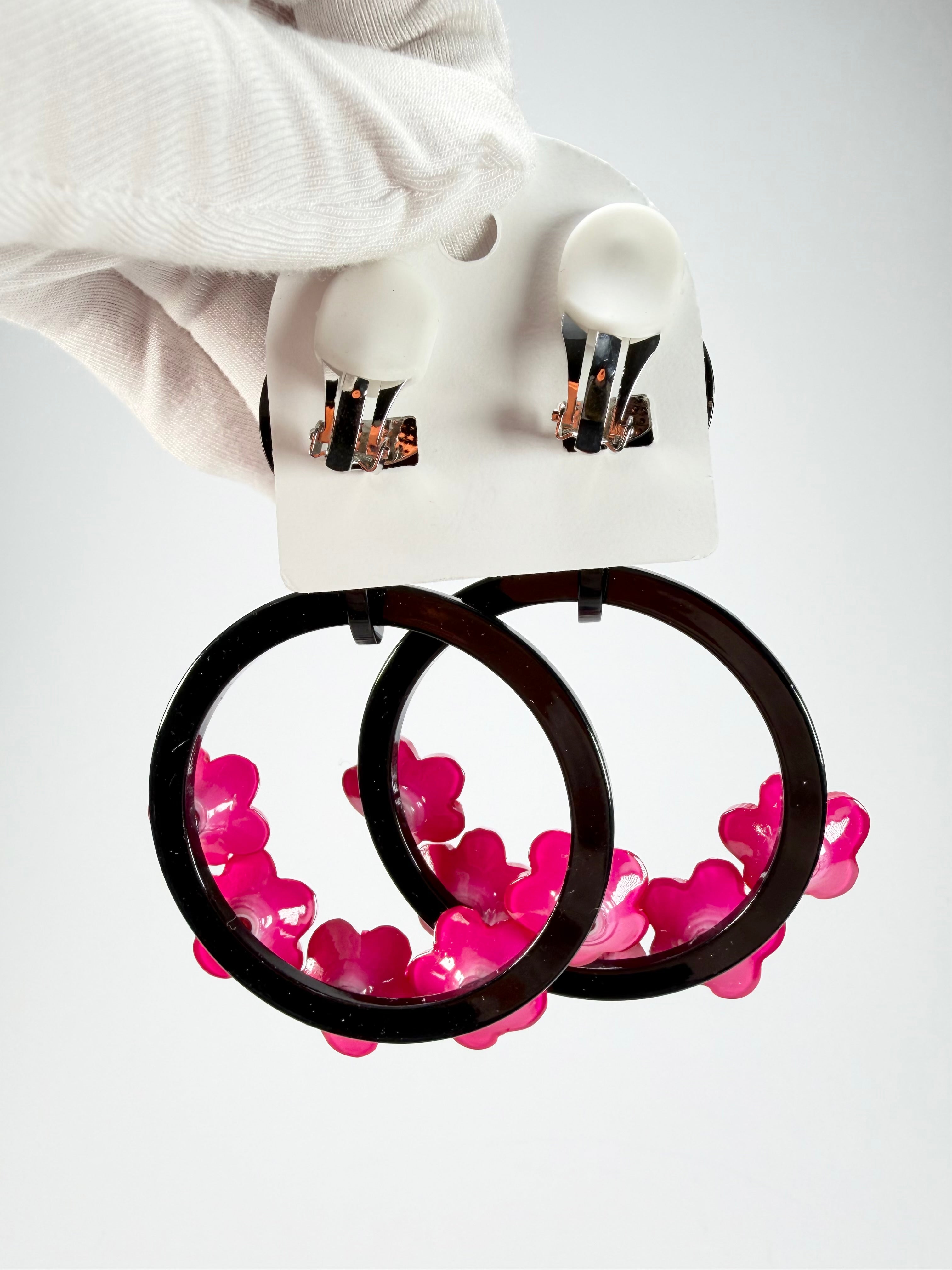 Marion Godart - Floral "Bouquet De Fleurs" Pink Floral Hoop Resin Clip On Earrings