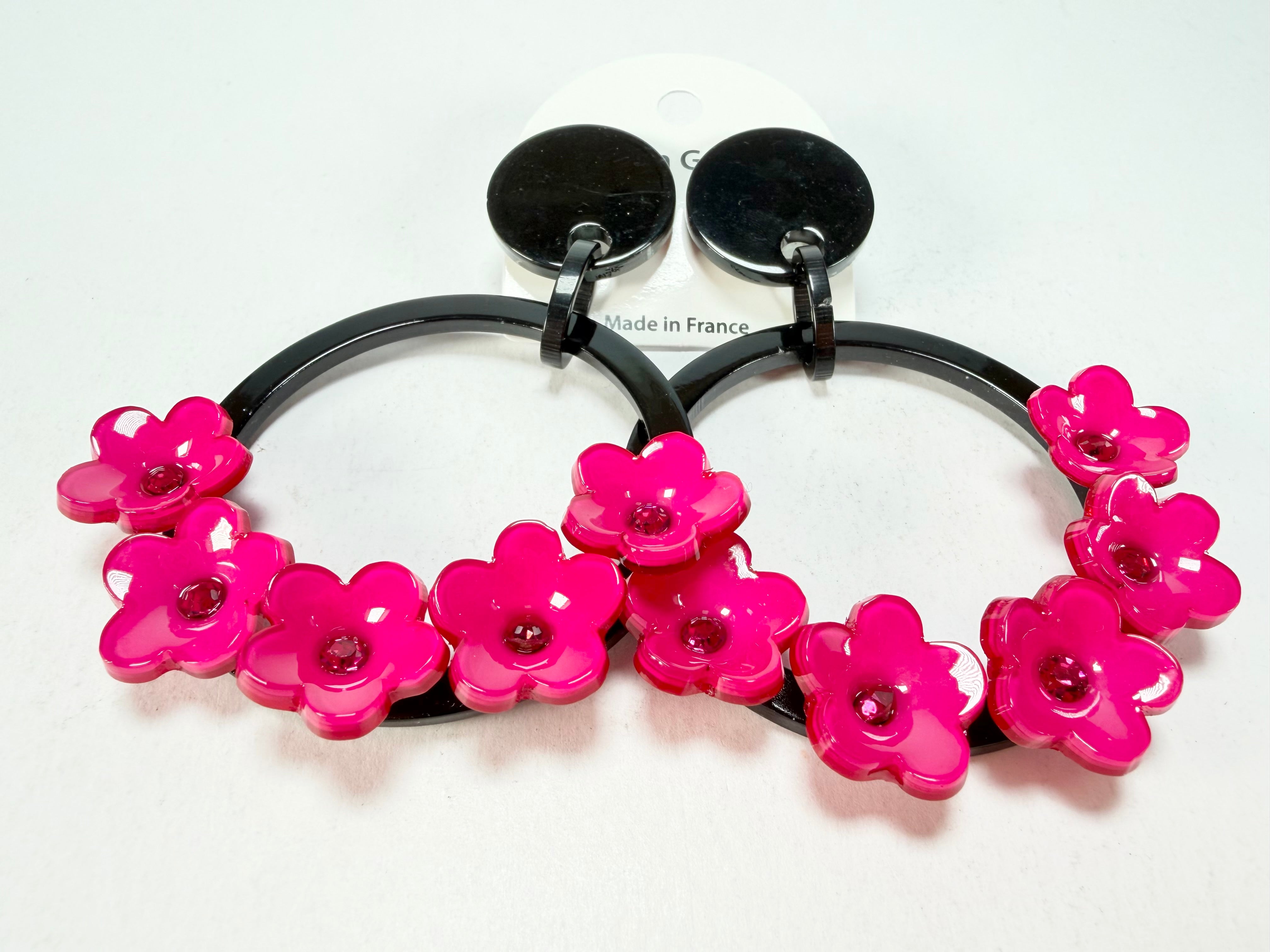 Marion Godart - Floral "Bouquet De Fleurs" Pink Floral Hoop Resin Clip On Earrings