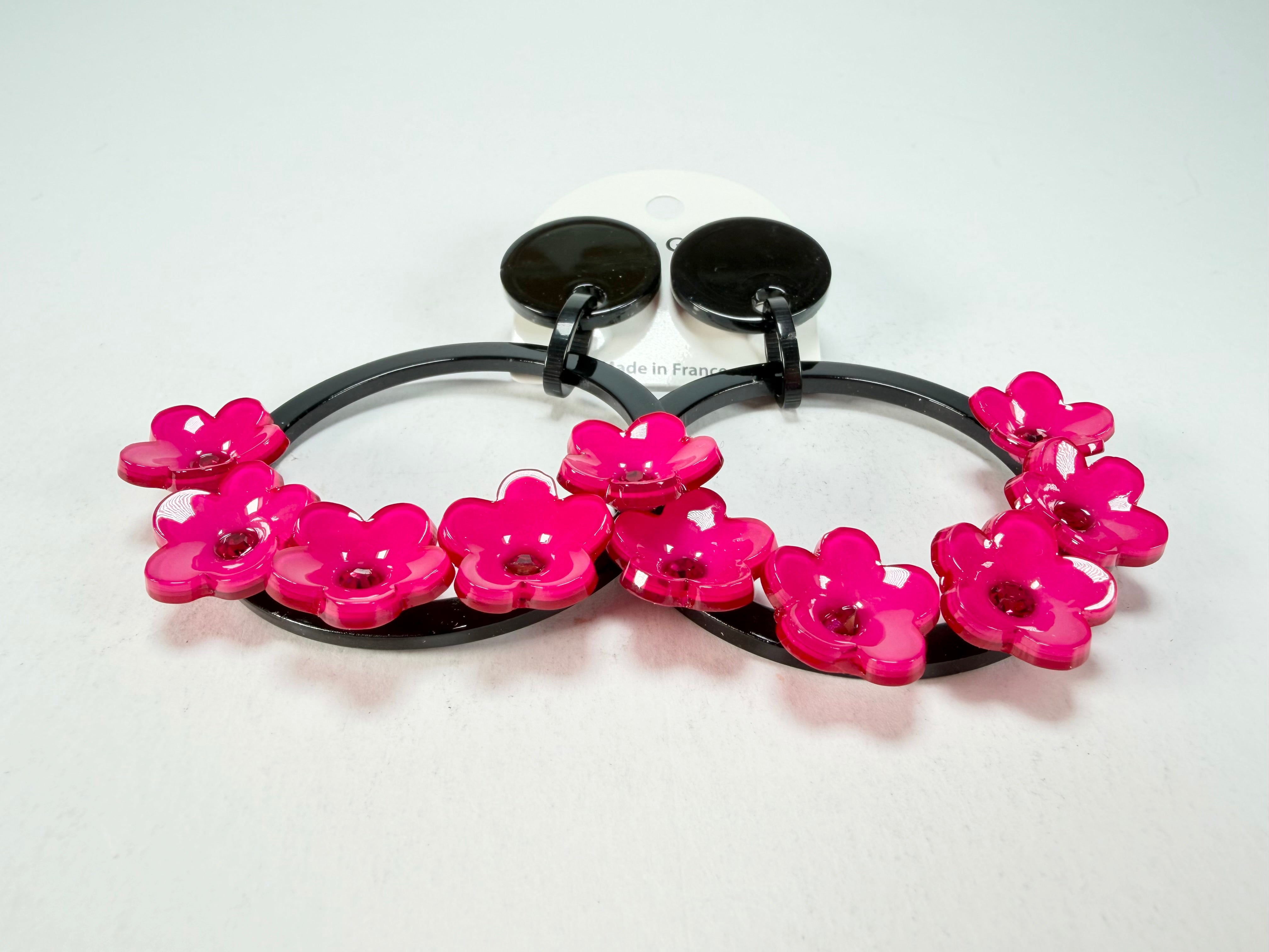 Marion Godart - Floral "Bouquet De Fleurs" Pink Floral Hoop Resin Clip On Earrings