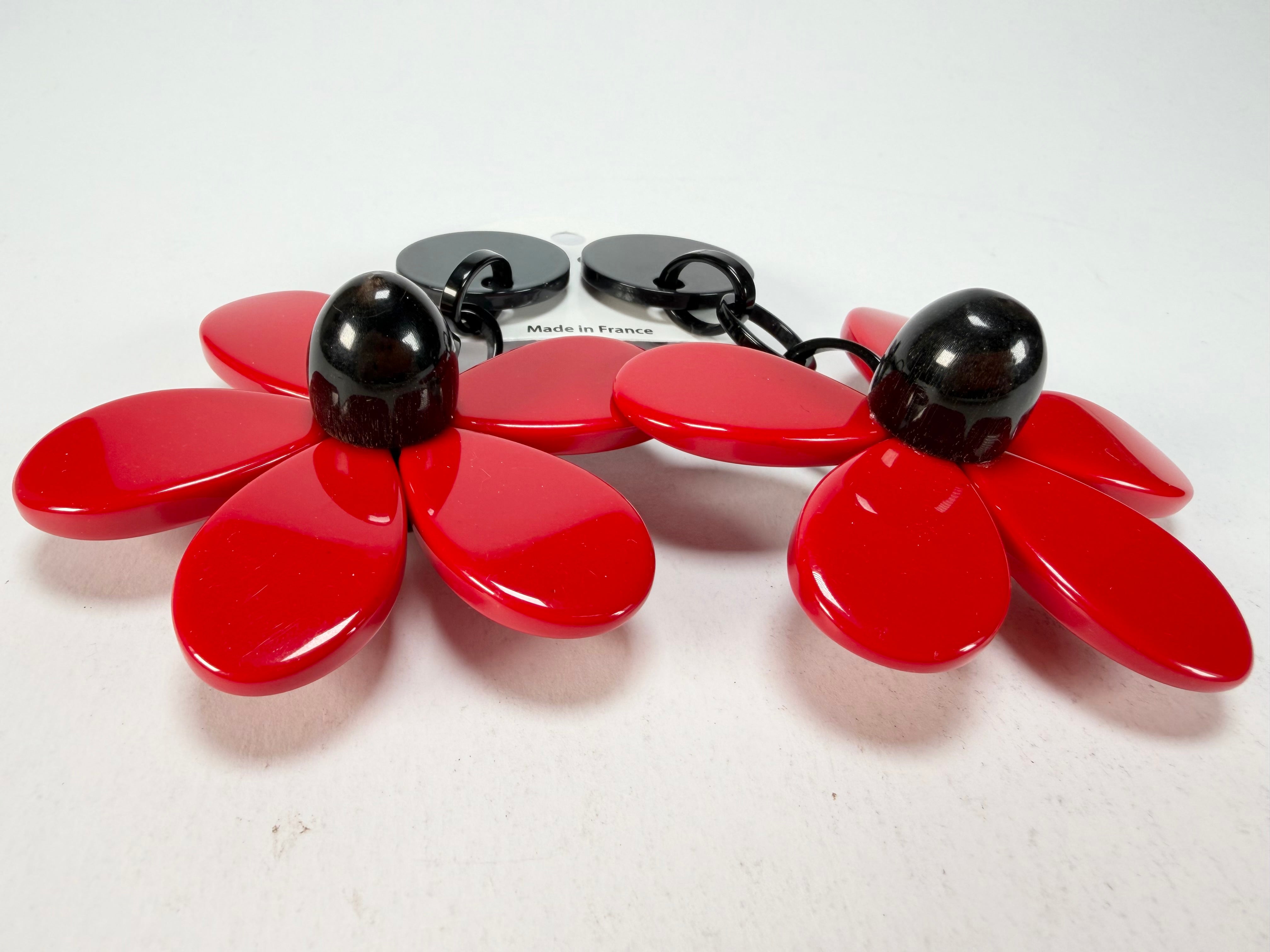 Marion Godart - Floral "Grand Pétale" Red Flower Resin Clip On Earrings
