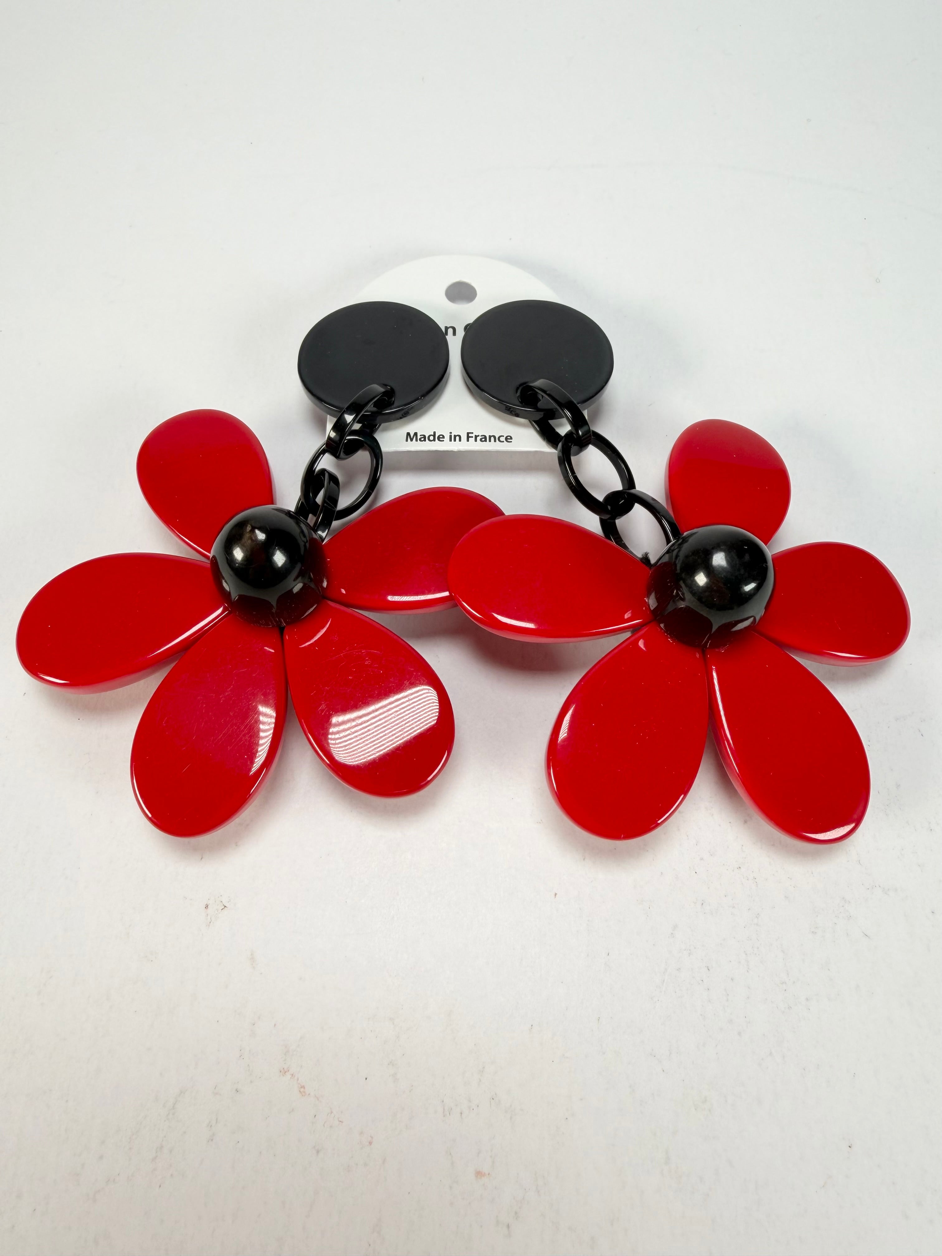 Marion Godart - Floral "Grand Pétale" Red Flower Resin Clip On Earrings