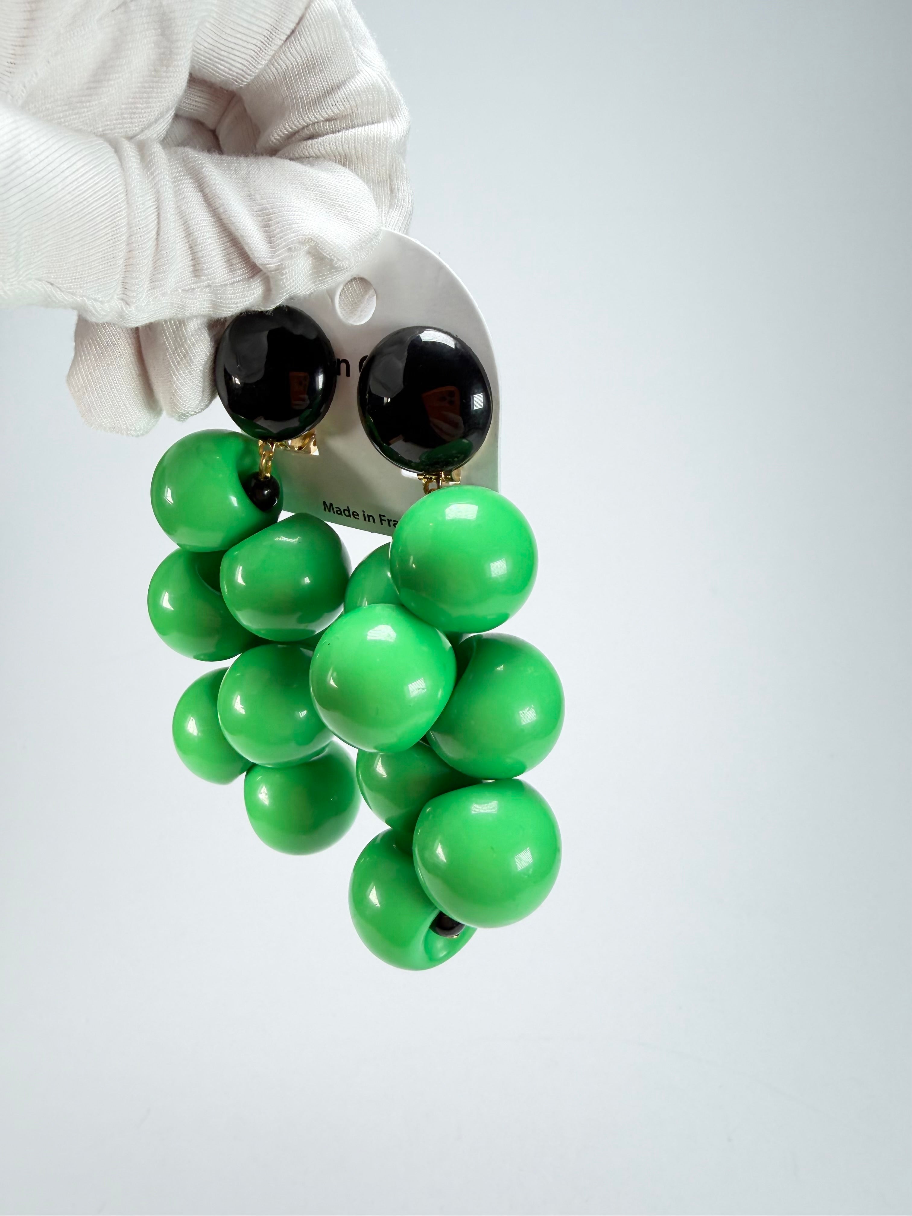 Marion Godart - Grapes "Suspendue" Bright Green Large Cluster Resin Clip On Earrings