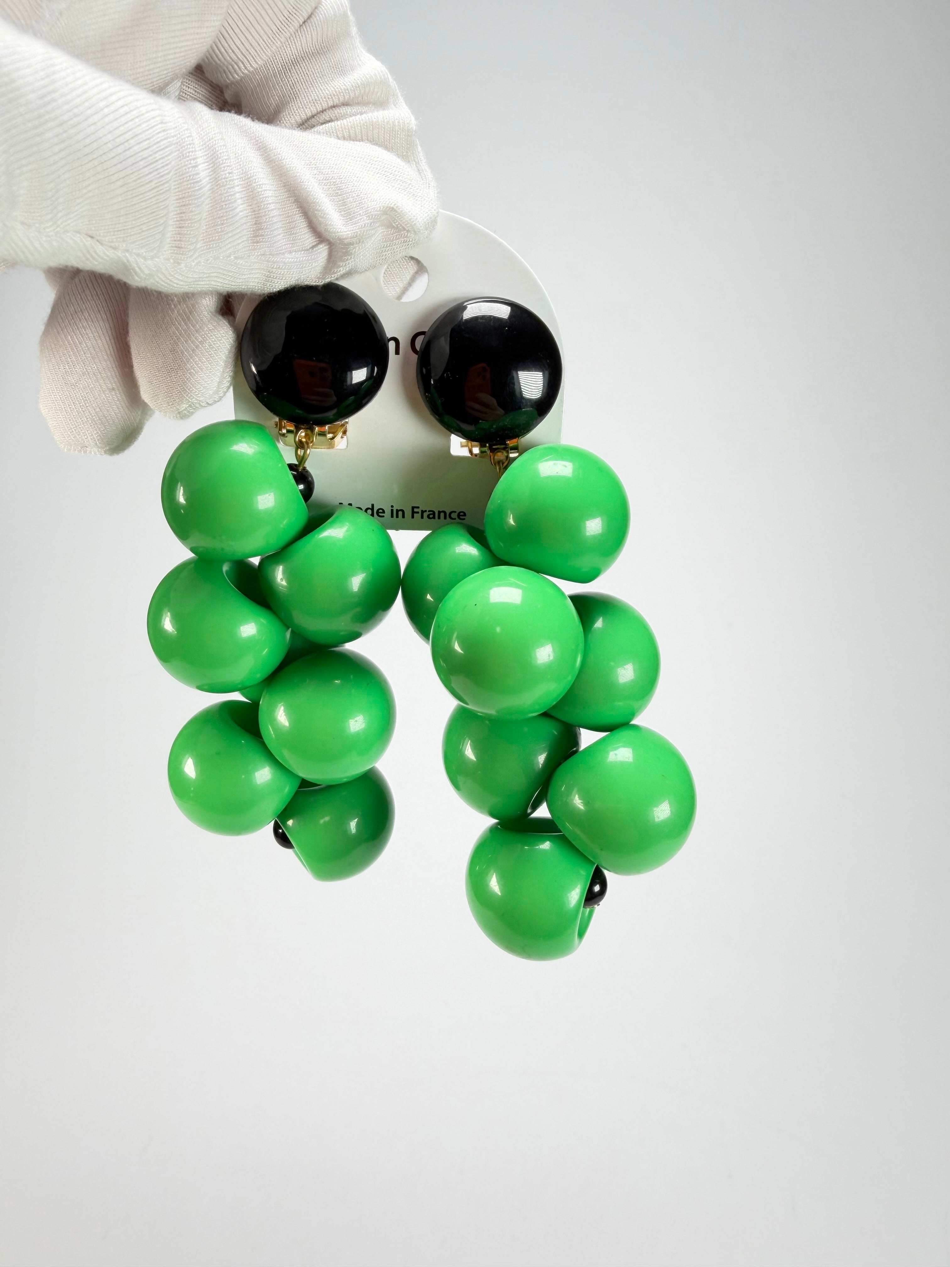 Marion Godart - Grapes "Suspendue" Bright Green Large Cluster Resin Clip On Earrings