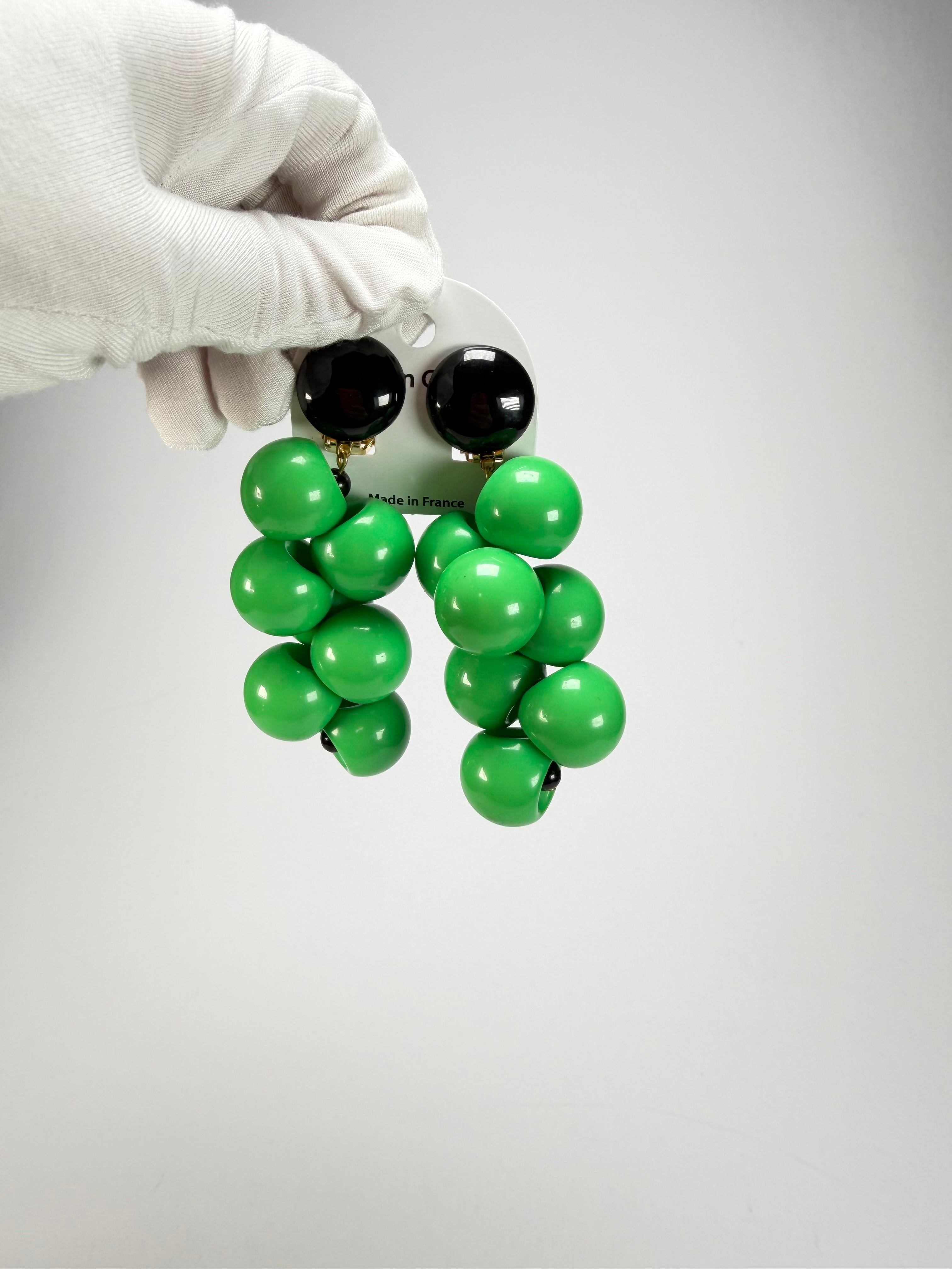 Marion Godart - Grapes "Suspendue" Bright Green Large Cluster Resin Clip On Earrings