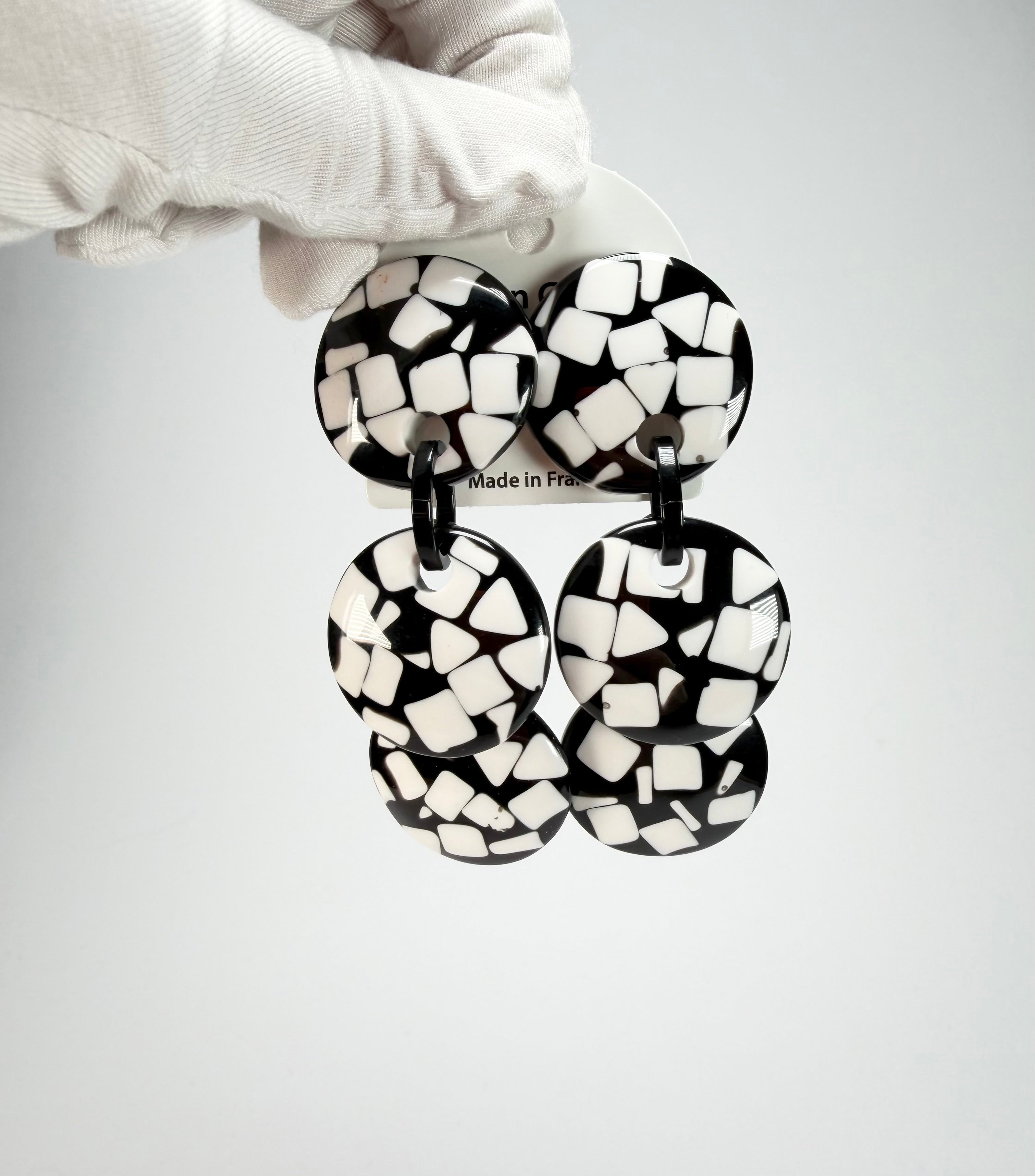 Marion Godart - Confetti "Pendentif Triple" Black & White Mix Triple Pendant Resin Clip On Earrings
