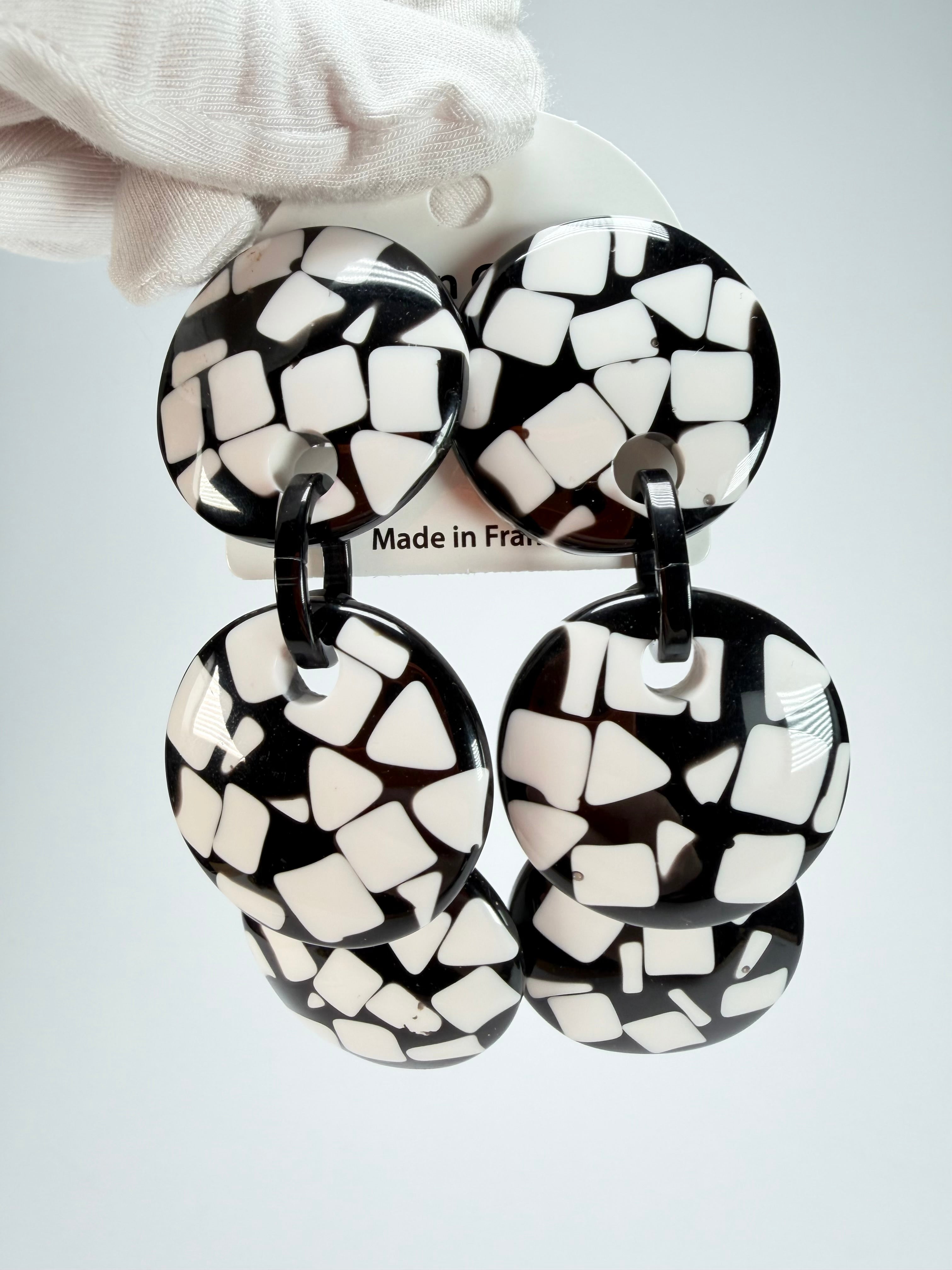Marion Godart - Confetti "Pendentif Triple" Black & White Mix Triple Pendant Resin Clip On Earrings