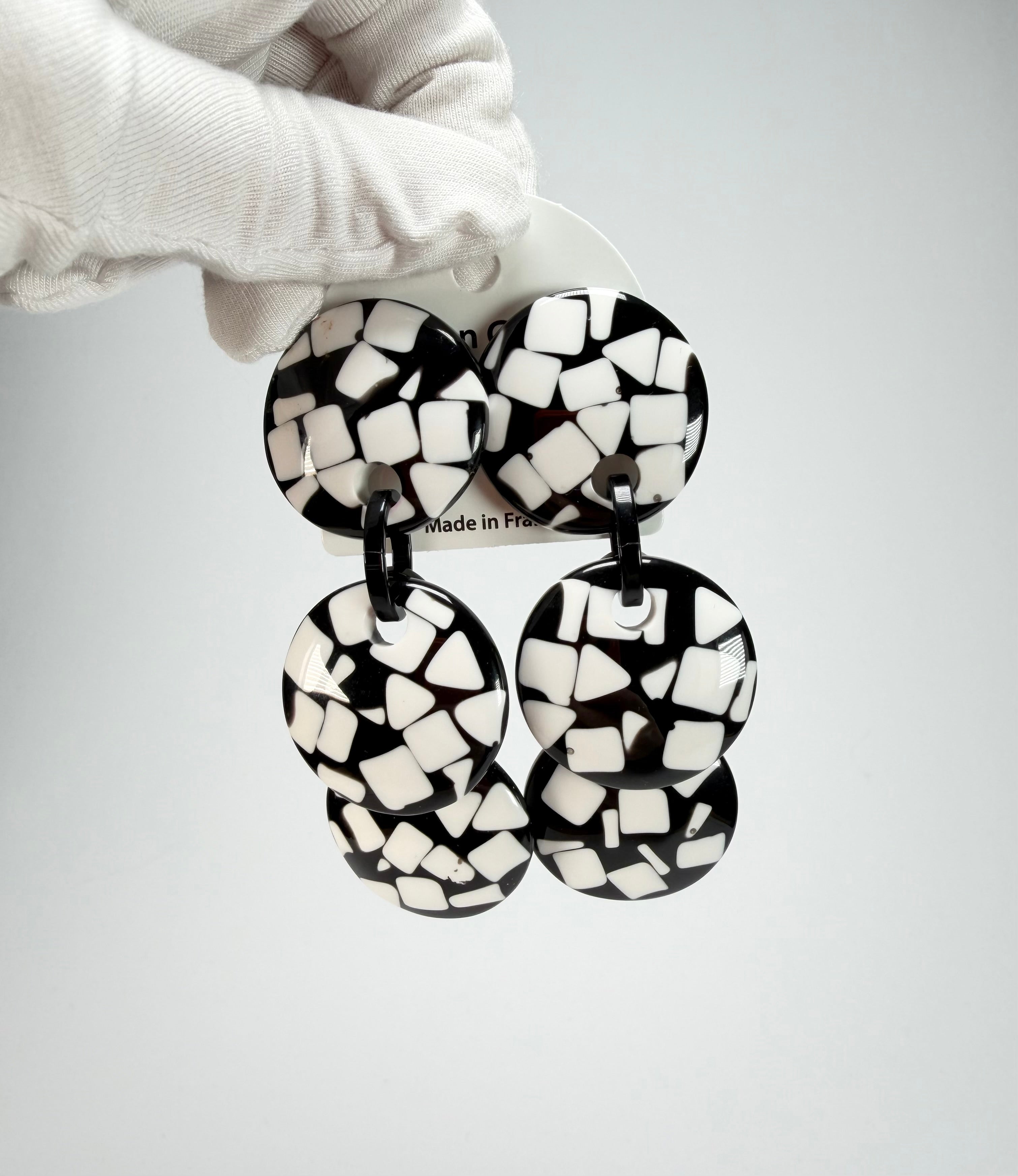 Marion Godart - Confetti "Pendentif Triple" Black & White Mix Triple Pendant Resin Clip On Earrings