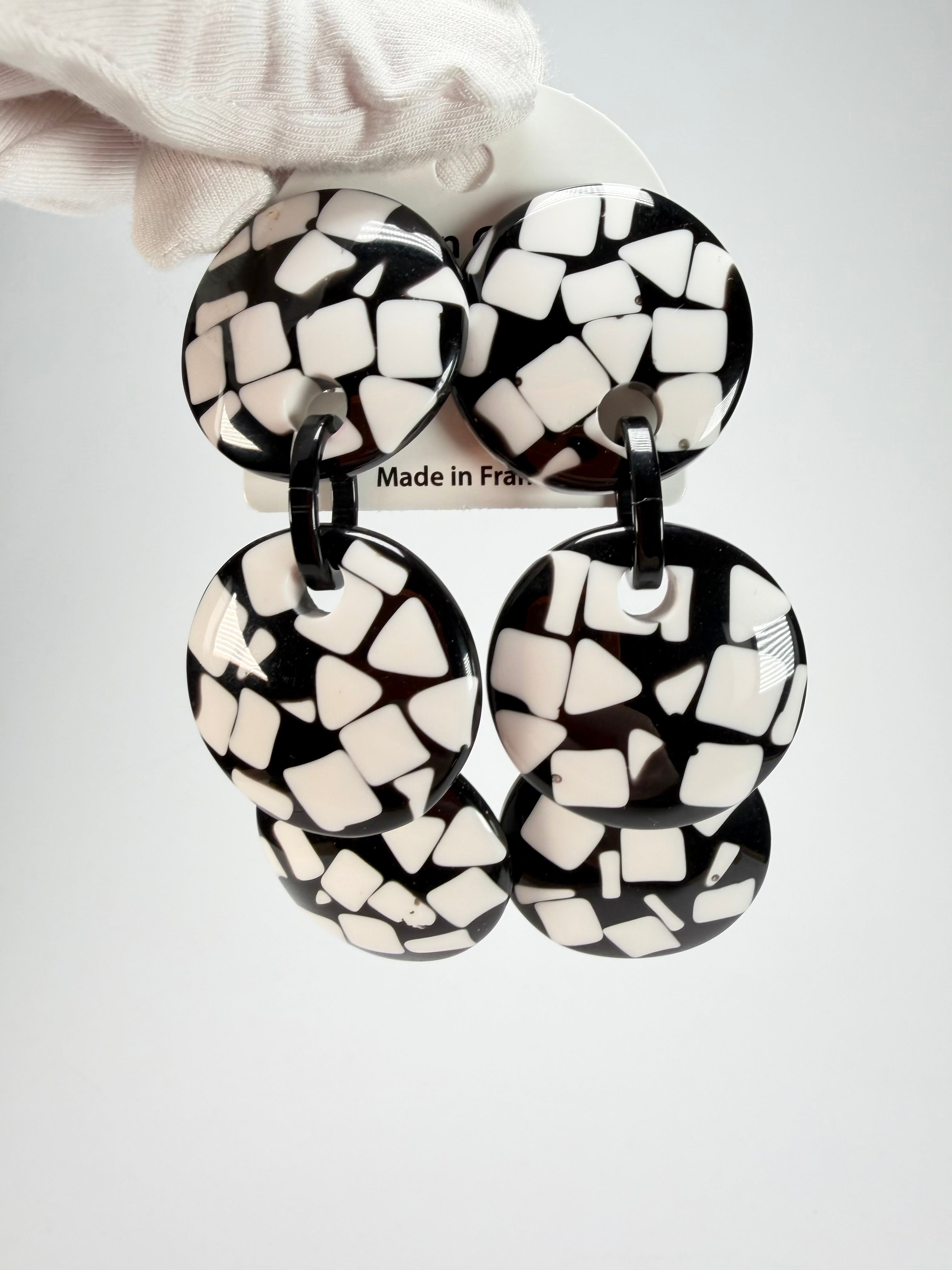 Marion Godart - Confetti "Pendentif Triple" Black & White Mix Triple Pendant Resin Clip On Earrings