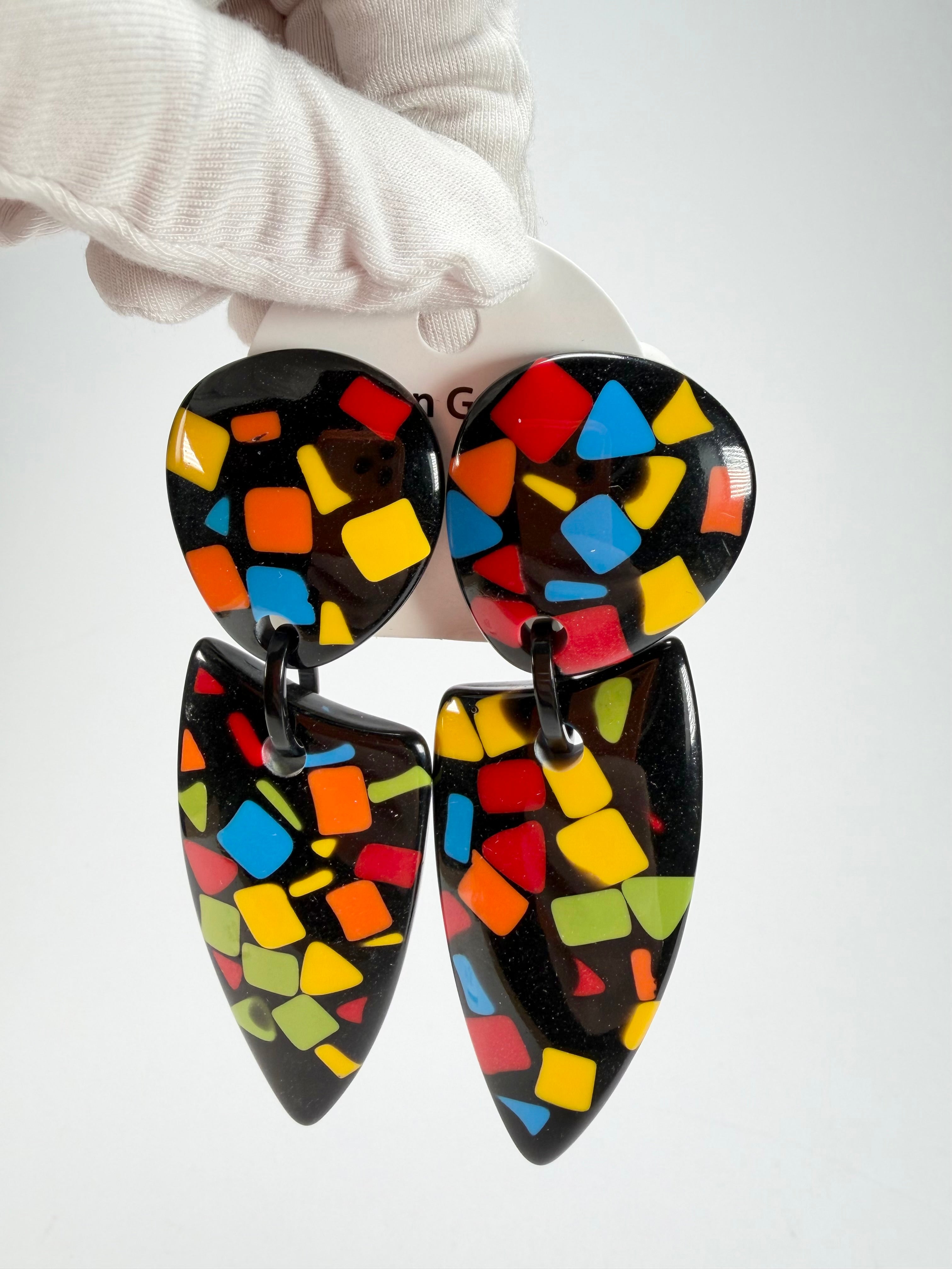 Marion Godart - Confetti "Bouclier Et Dague" Art-Deco Mix Dome & Pendant Resin Clip On Earrings