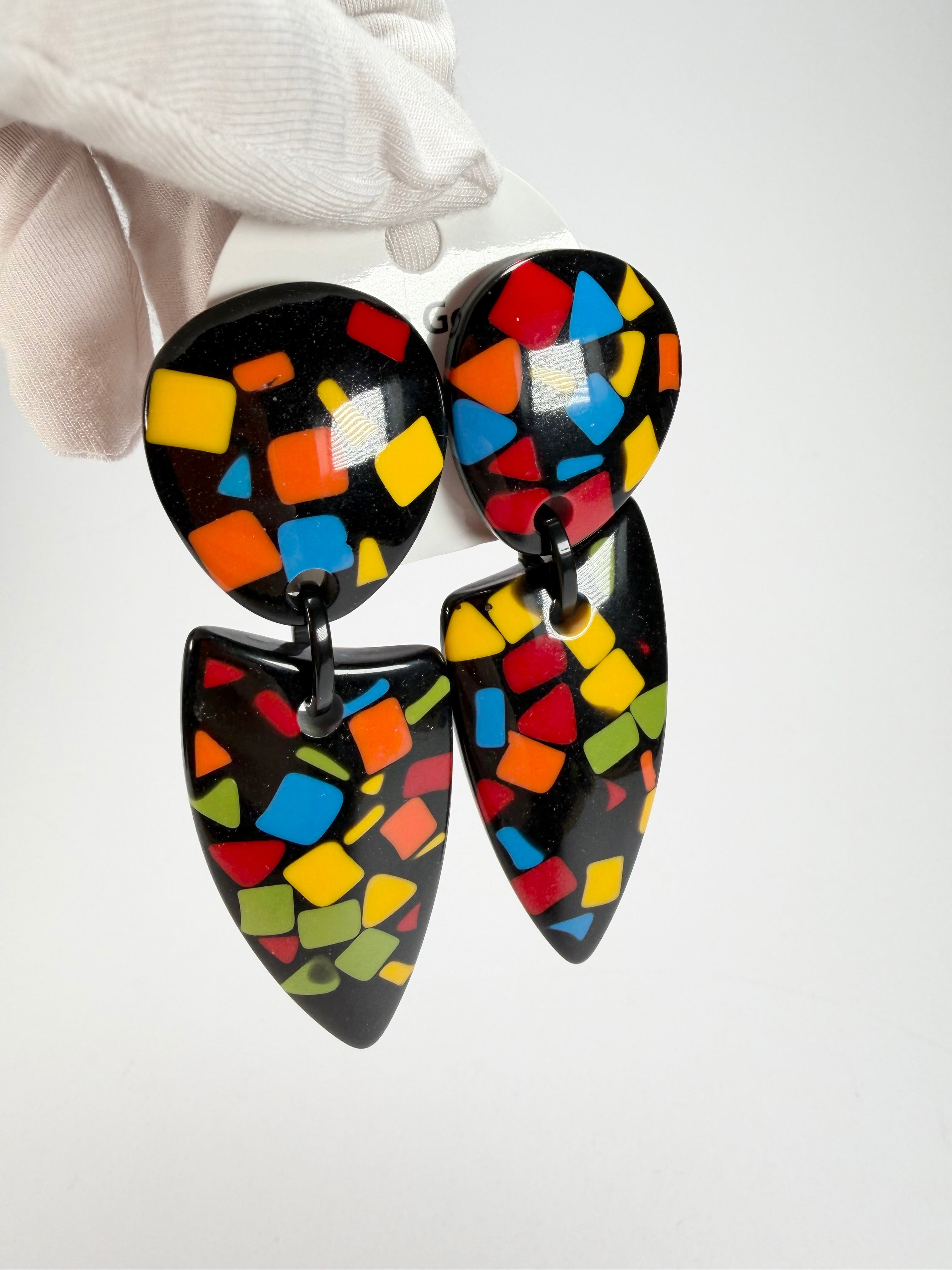 Marion Godart - Confetti "Bouclier Et Dague" Art-Deco Mix Dome & Pendant Resin Clip On Earrings