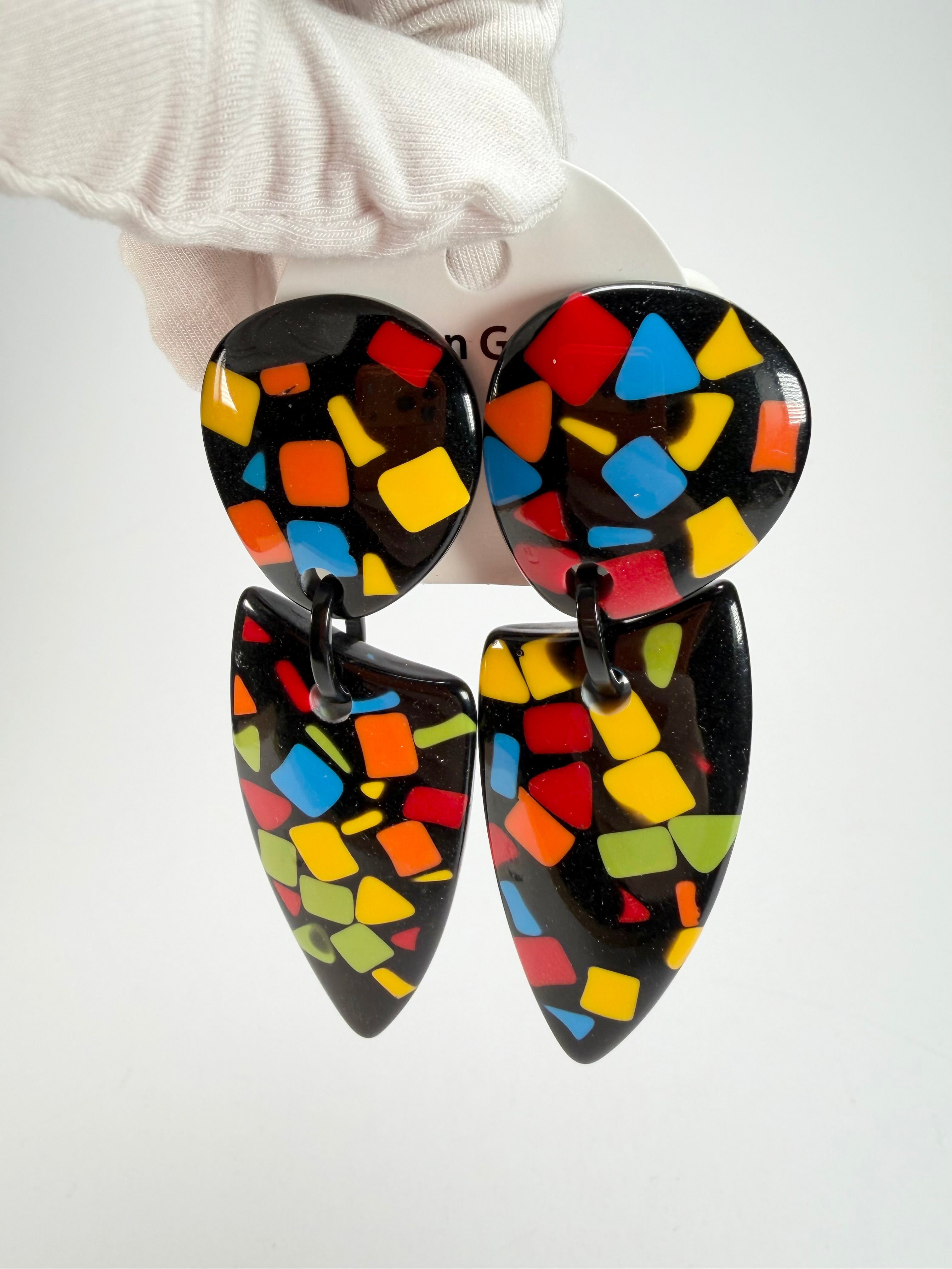 Marion Godart - Confetti "Bouclier Et Dague" Art-Deco Mix Dome & Pendant Resin Clip On Earrings
