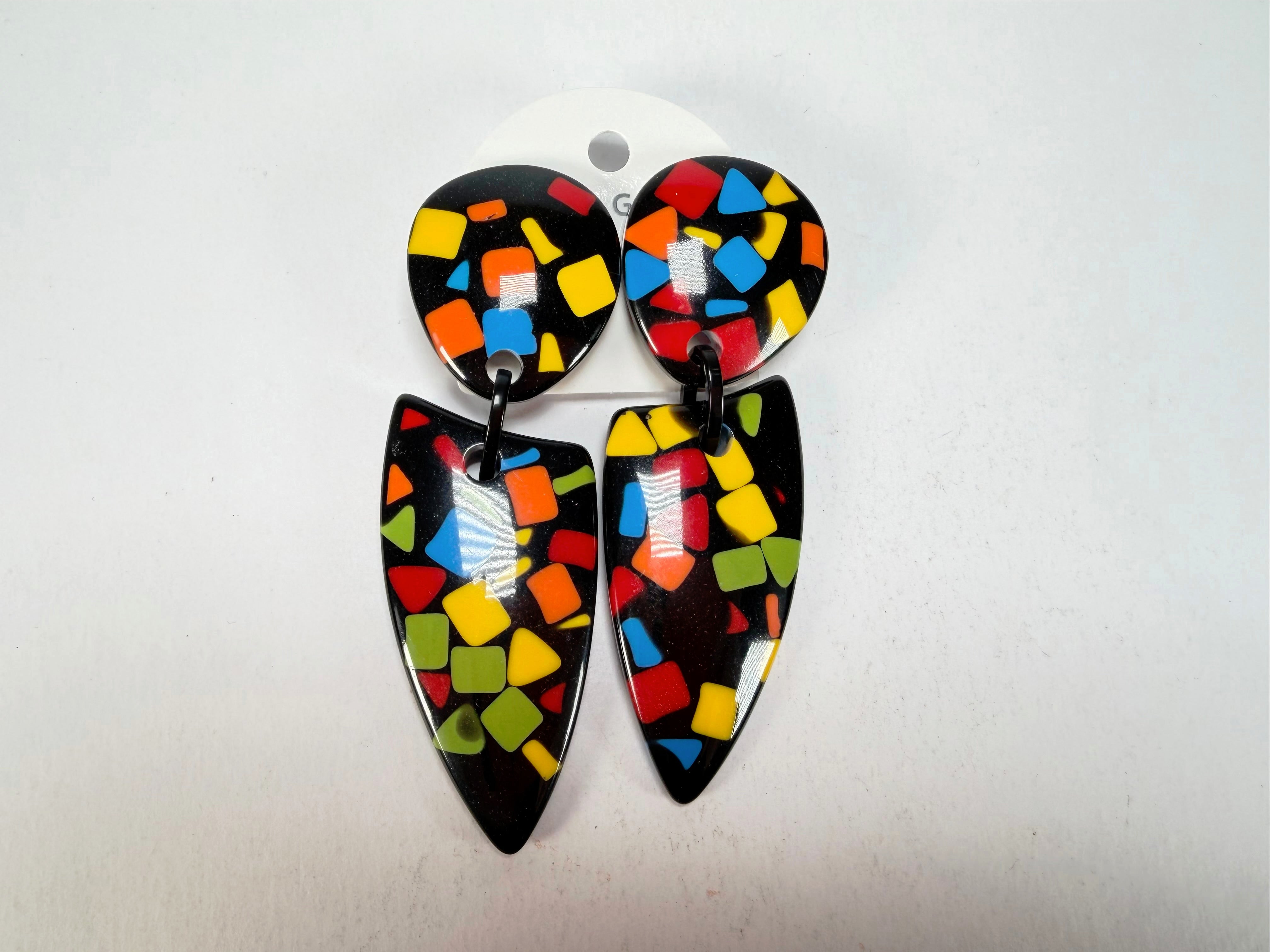 Marion Godart - Confetti "Bouclier Et Dague" Art-Deco Mix Dome & Pendant Resin Clip On Earrings