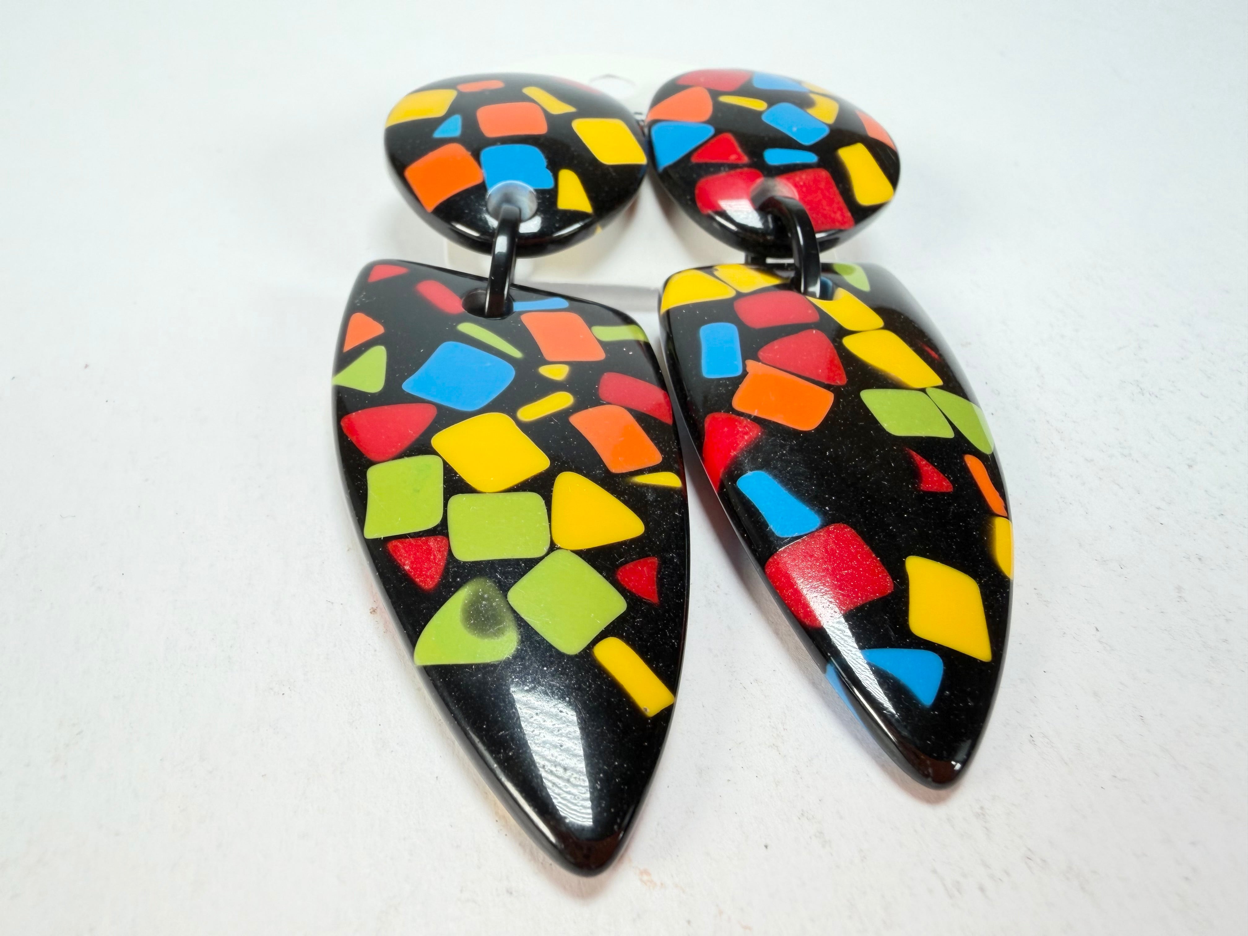 Marion Godart - Confetti "Bouclier Et Dague" Art-Deco Mix Dome & Pendant Resin Clip On Earrings