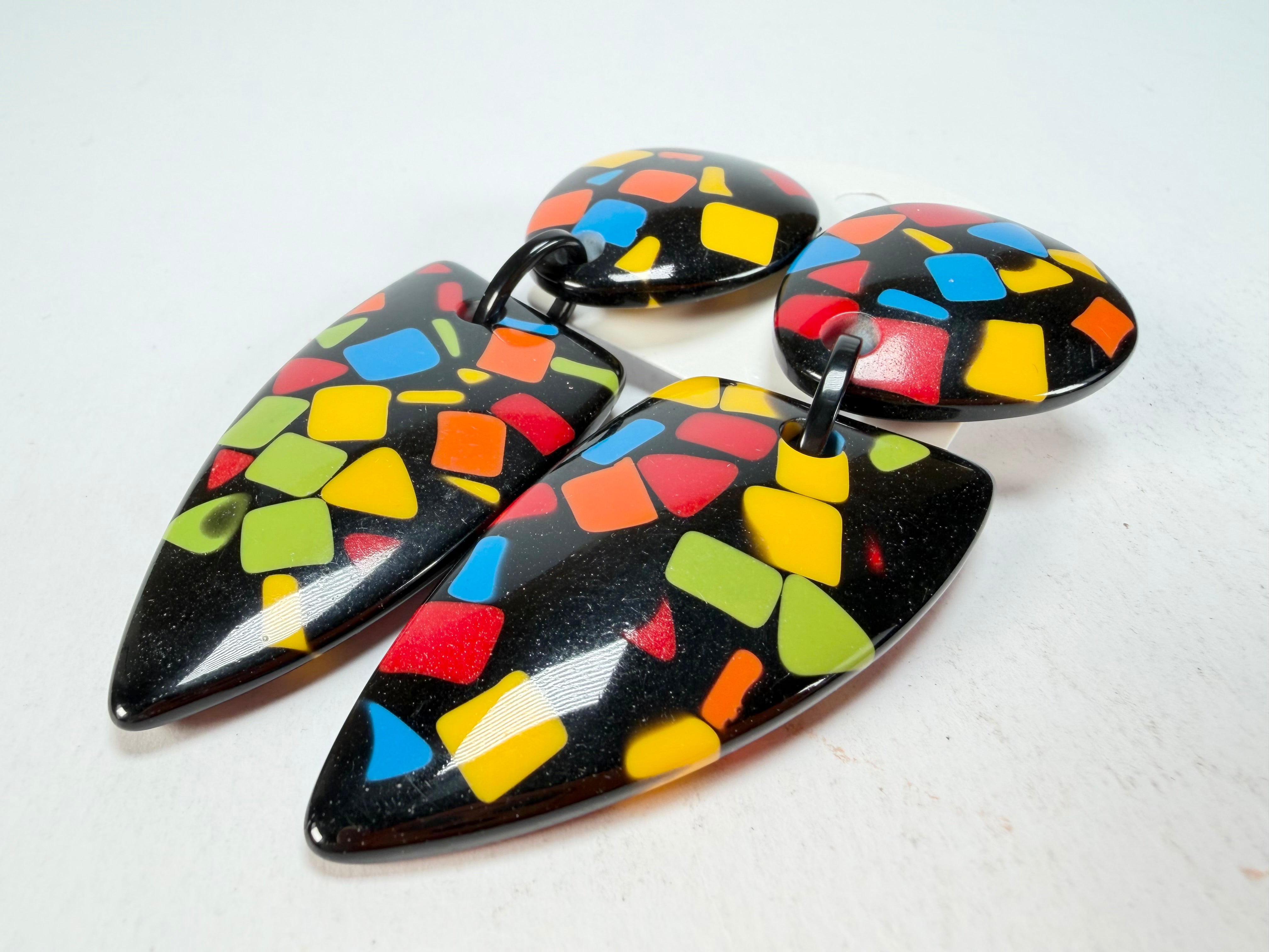 Marion Godart - Confetti "Bouclier Et Dague" Art-Deco Mix Dome & Pendant Resin Clip On Earrings
